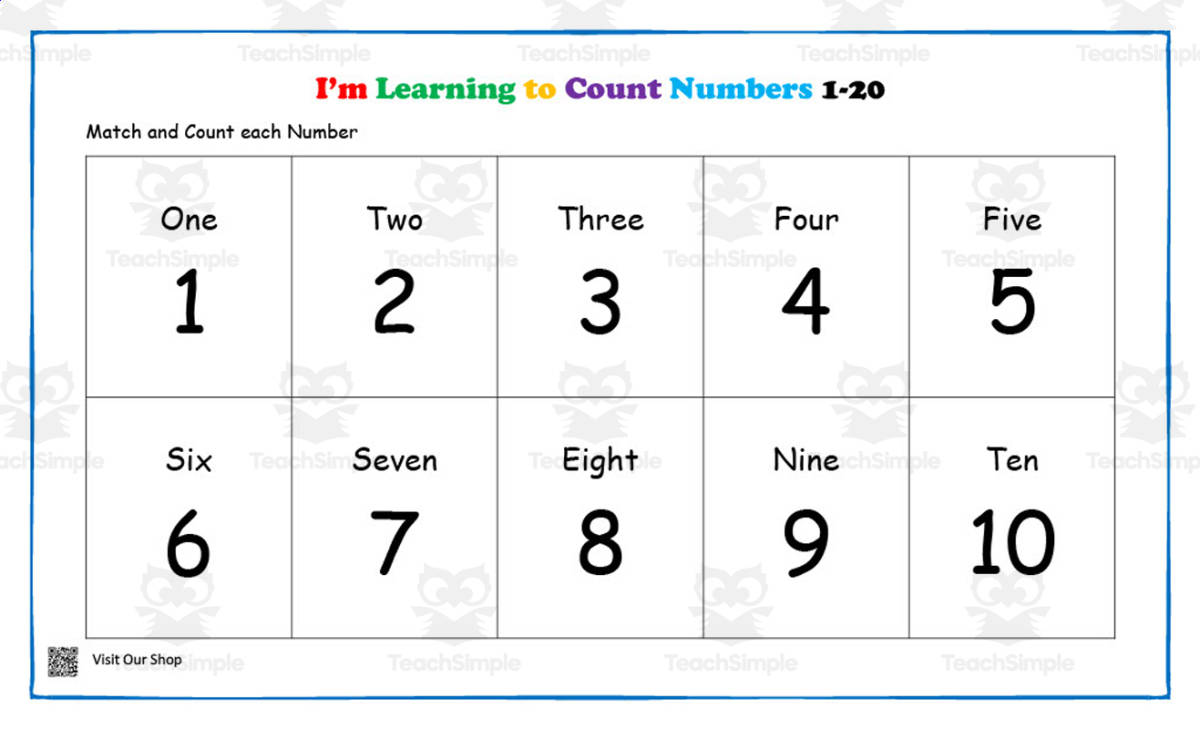 An educational teaching resource from KD's Kids School Shop entitled Learning to Count Numbers Part 2 Worksheet downloadable at Teach Simple.