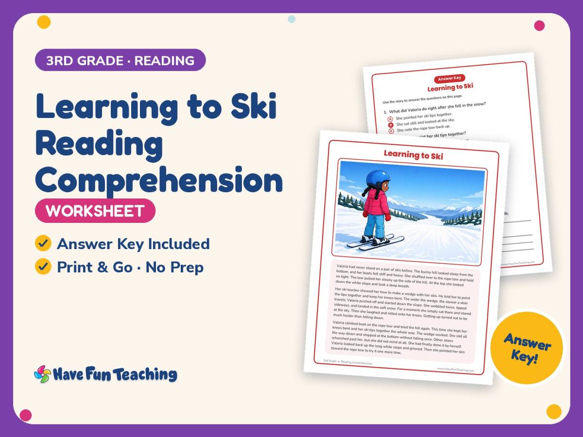 Learning to Ski Reading Comprehension Worksheet – 3rd Grade Practice preview