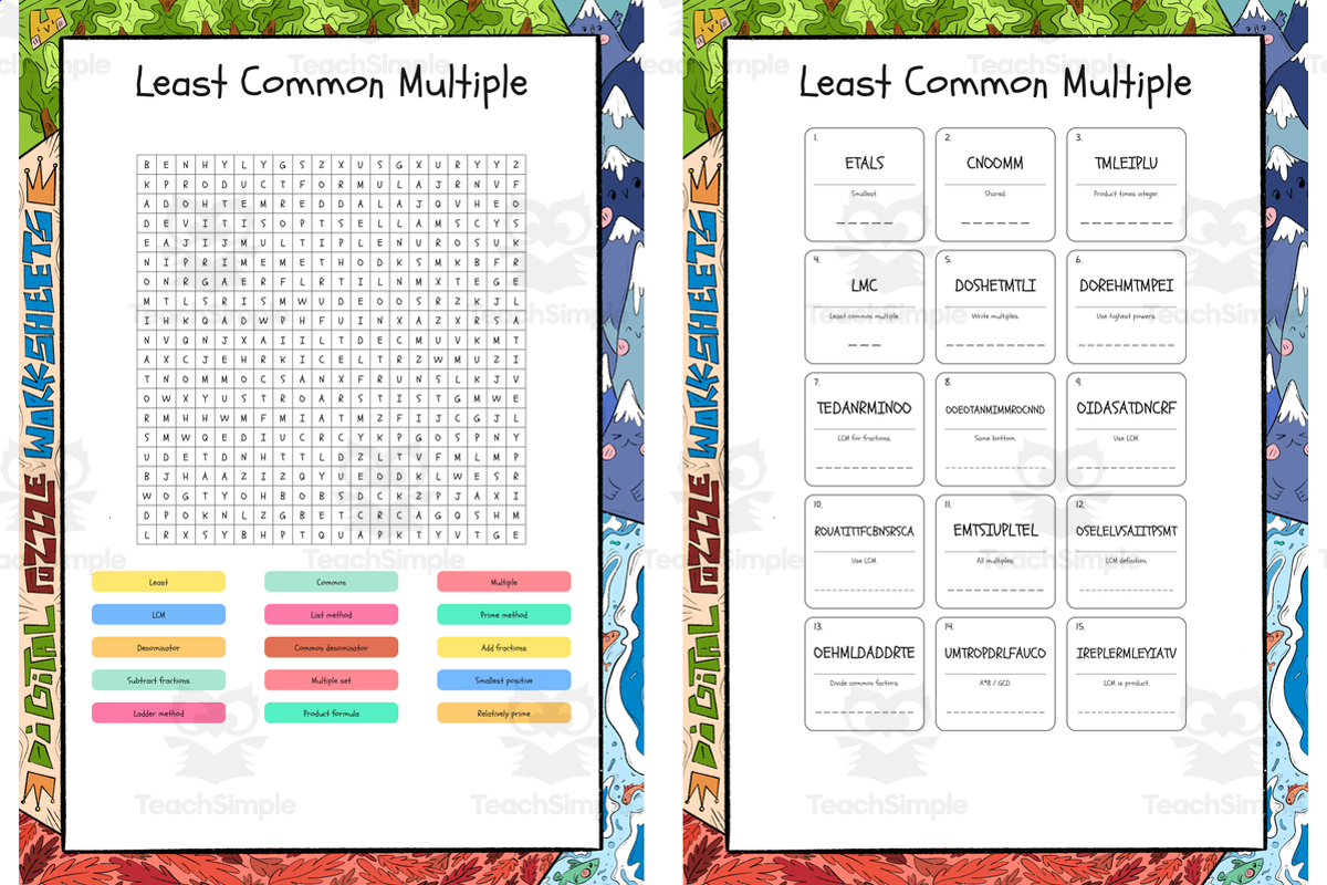 An educational teaching resource from Lapiiin Art Activities entitled Least Common Multiple word search, scramble and crossword puzzle downloadable at Teach Simple.