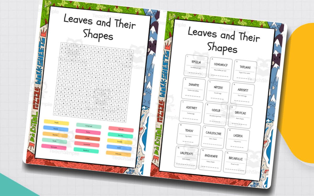An educational teaching resource from Lapiiin Art Activities entitled Leaves and Their Shapes word search, scramble and crossword downloadable at Teach Simple.
