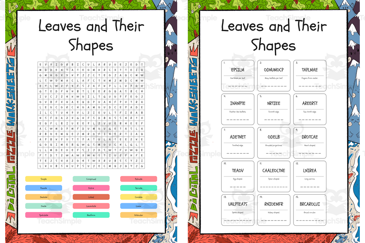 An educational teaching resource from Lapiiin Art Activities entitled Leaves and Their Shapes word search, scramble and crossword downloadable at Teach Simple.