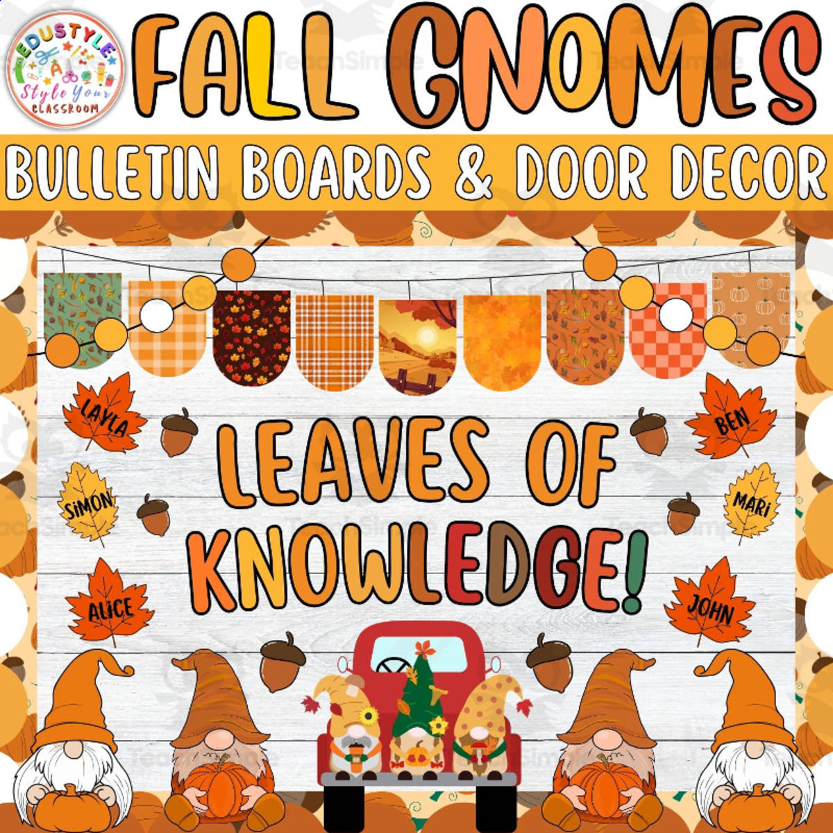 An educational teaching resource from Style Your Classroom entitled Leaves of Knowledge!: Autumn Gnomies Bulletin board or door Decor kit downloadable at Teach Simple.