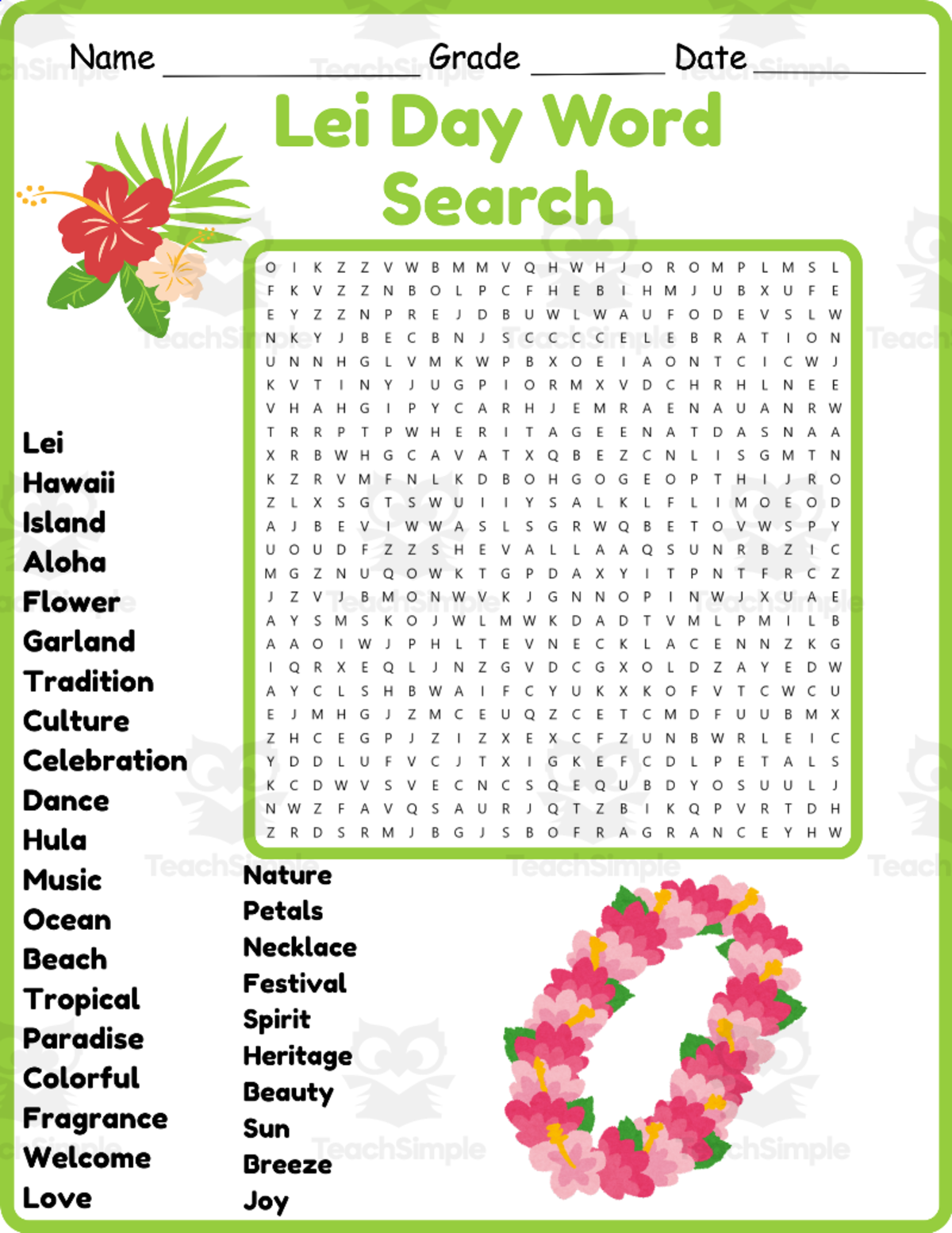 An educational teaching resource from Classsimple entitled Lei Day Word Search 2nd 3rd 4th 5th Grade Worksheet Activity downloadable at Teach Simple.