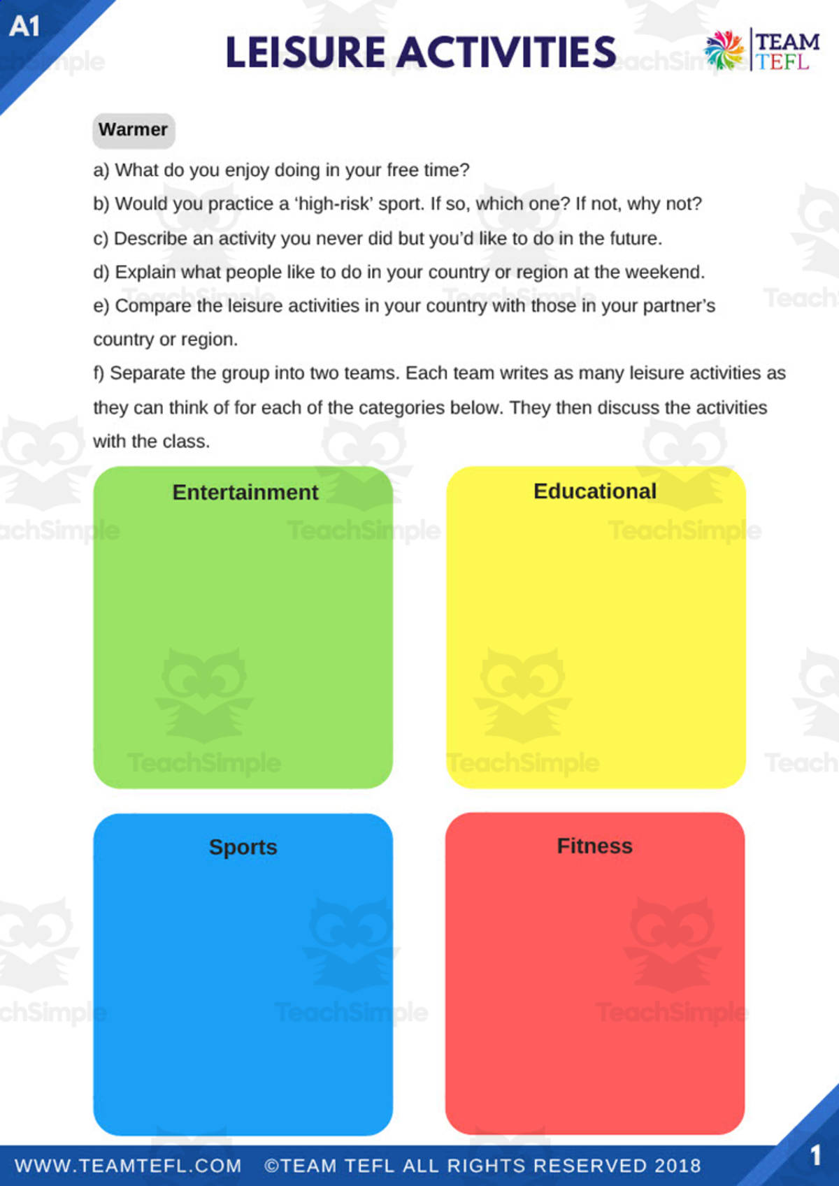An educational teaching resource from TEAM TEFL entitled Leisure Activities | Beginner Lesson Plan downloadable at Teach Simple.