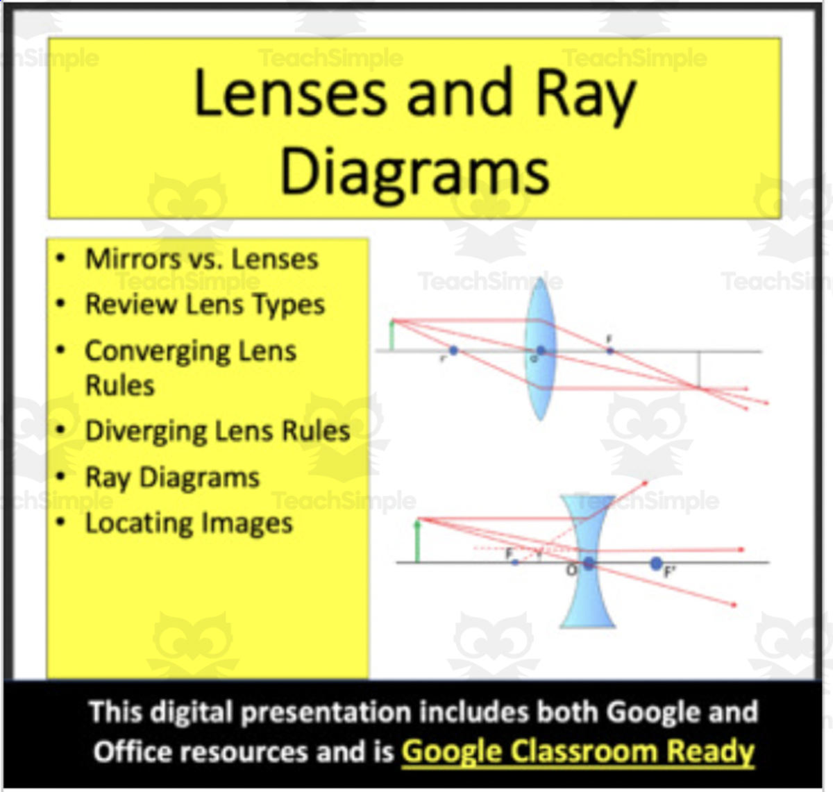 An educational teaching resource from Teach With Fergy entitled Lenses and Ray Diagrams - Optics - Google Slides and Distance Learning downloadable at Teach Simple.