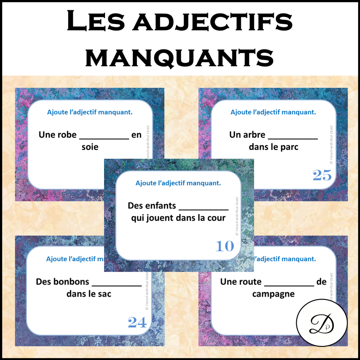 An educational teaching resource from French with Paul David entitled Les adjectifs manquants - 32 CÀT / French Task Cards downloadable at Teach Simple.