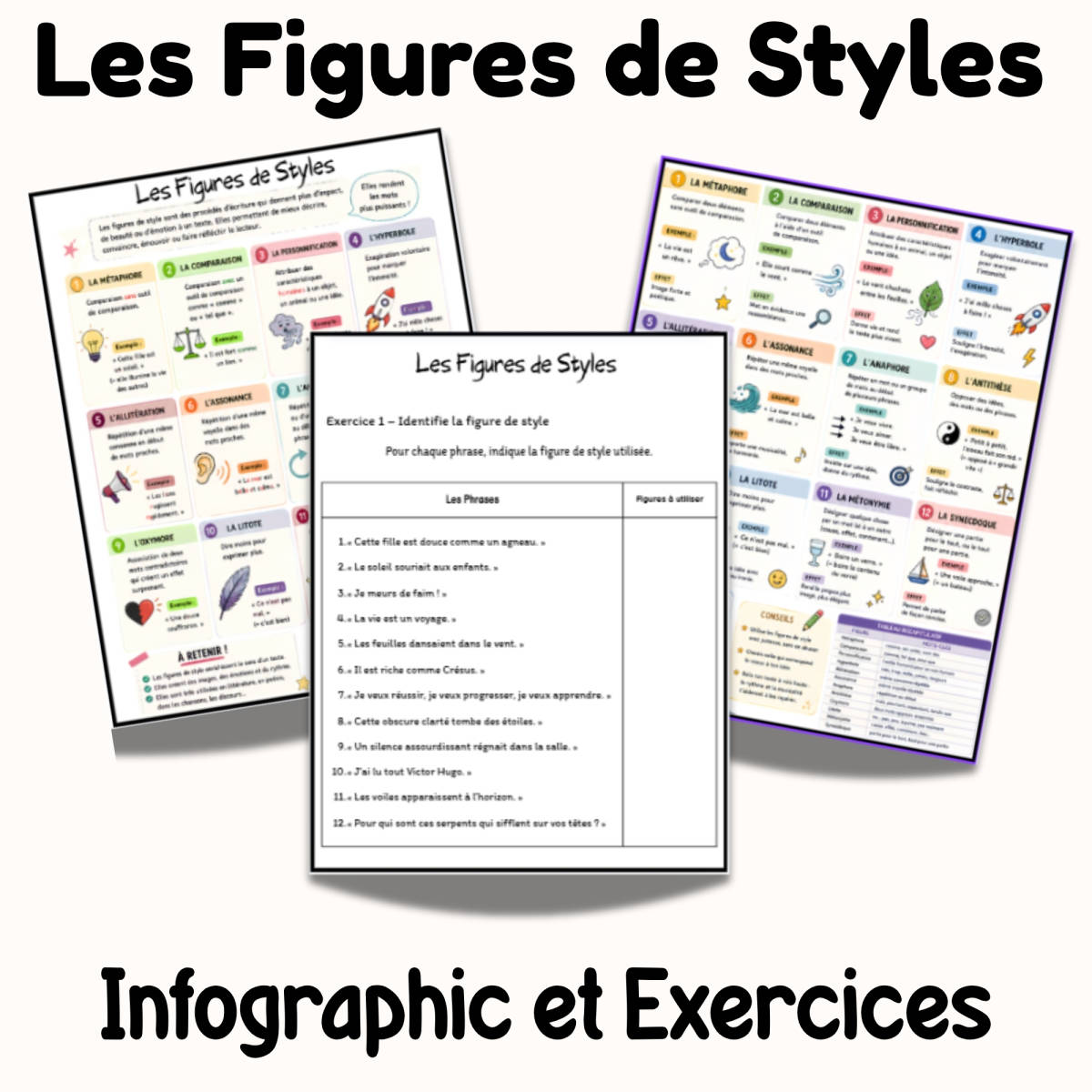 An educational teaching resource from Bright Education entitled Les Figures de Style – Infographie et Exercices downloadable at Teach Simple.