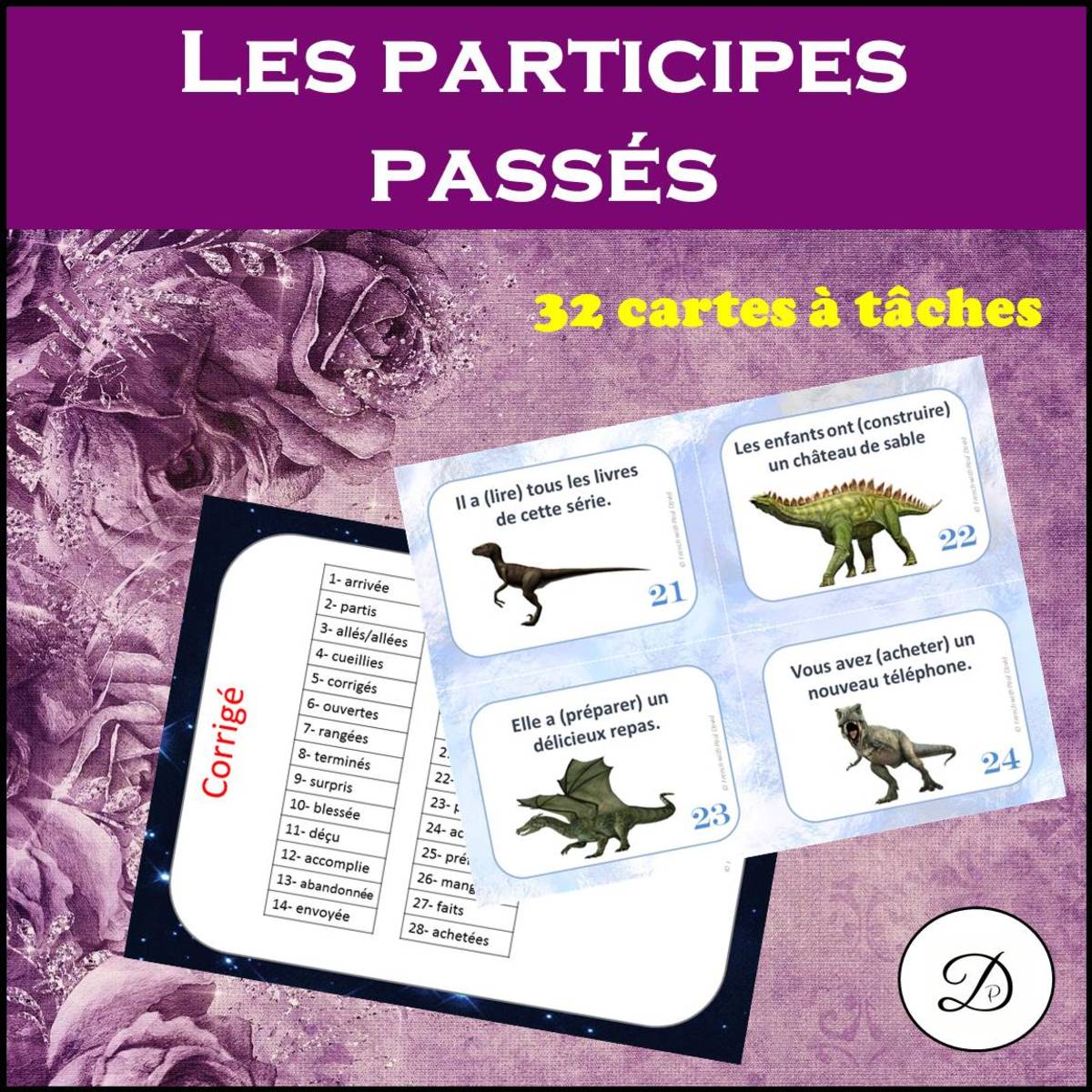 An educational teaching resource from French with Paul David entitled Les participes passés - 32 CAT / / FRENCH GRAMMAR TASK CARDS downloadable at Teach Simple.