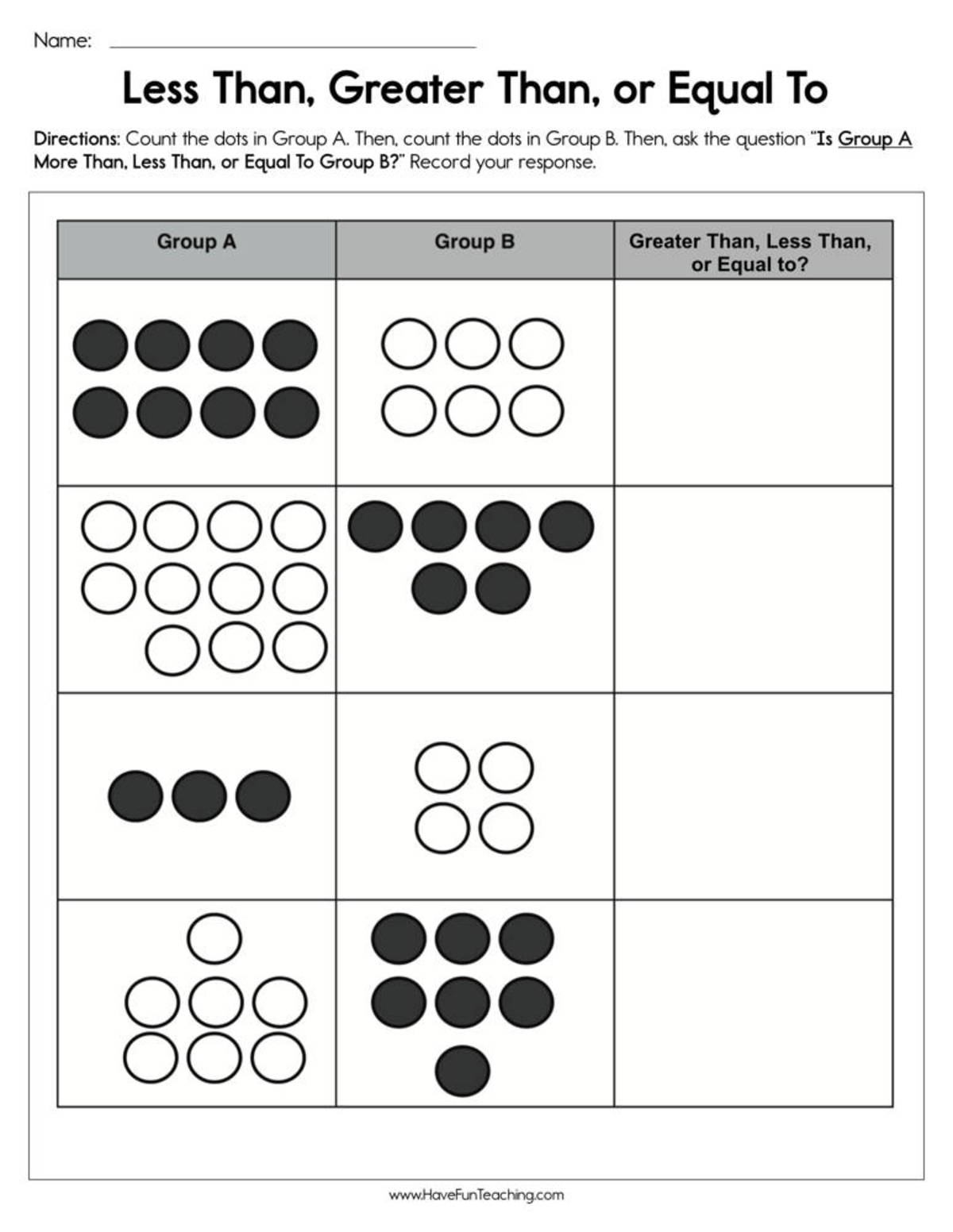 An educational teaching resource from Have Fun Teaching entitled Less Than, Greater Than, or Equal To Worksheet downloadable at Teach Simple.