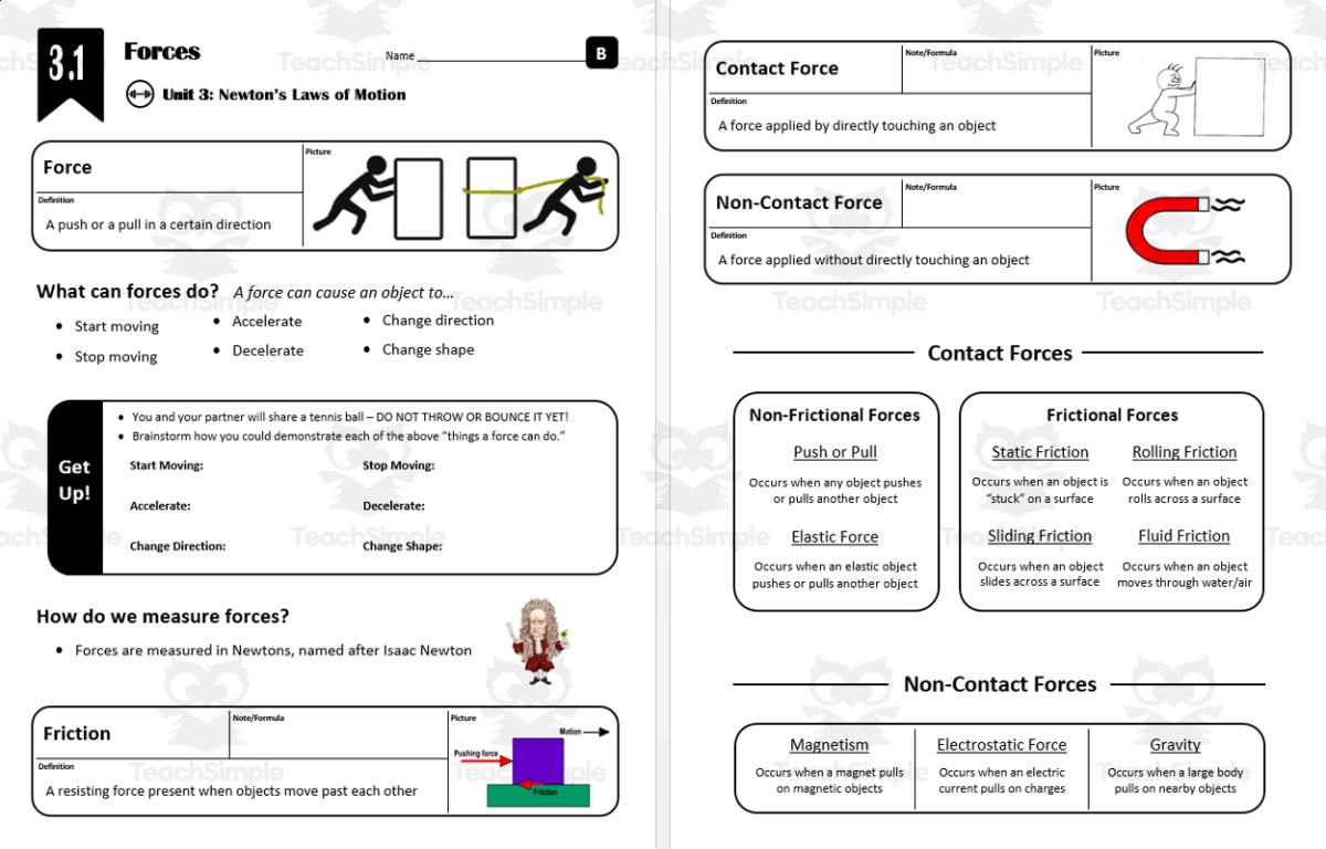 An educational teaching resource from Integrated Chemistry and Physics entitled Lesson 3.1 - Forces downloadable at Teach Simple.