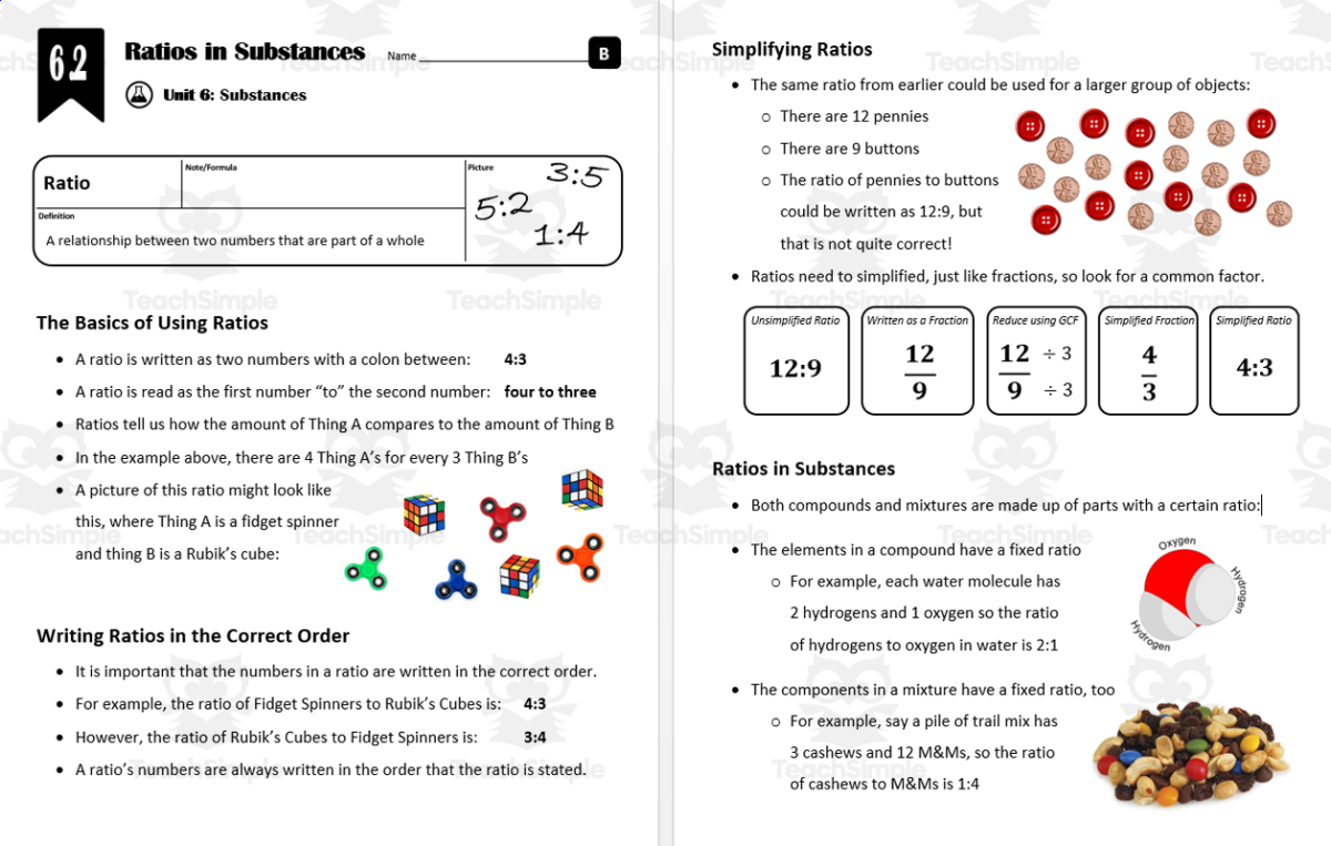 An educational teaching resource from Integrated Chemistry and Physics entitled Lesson 6.2 - Ratios in Substances downloadable at Teach Simple.