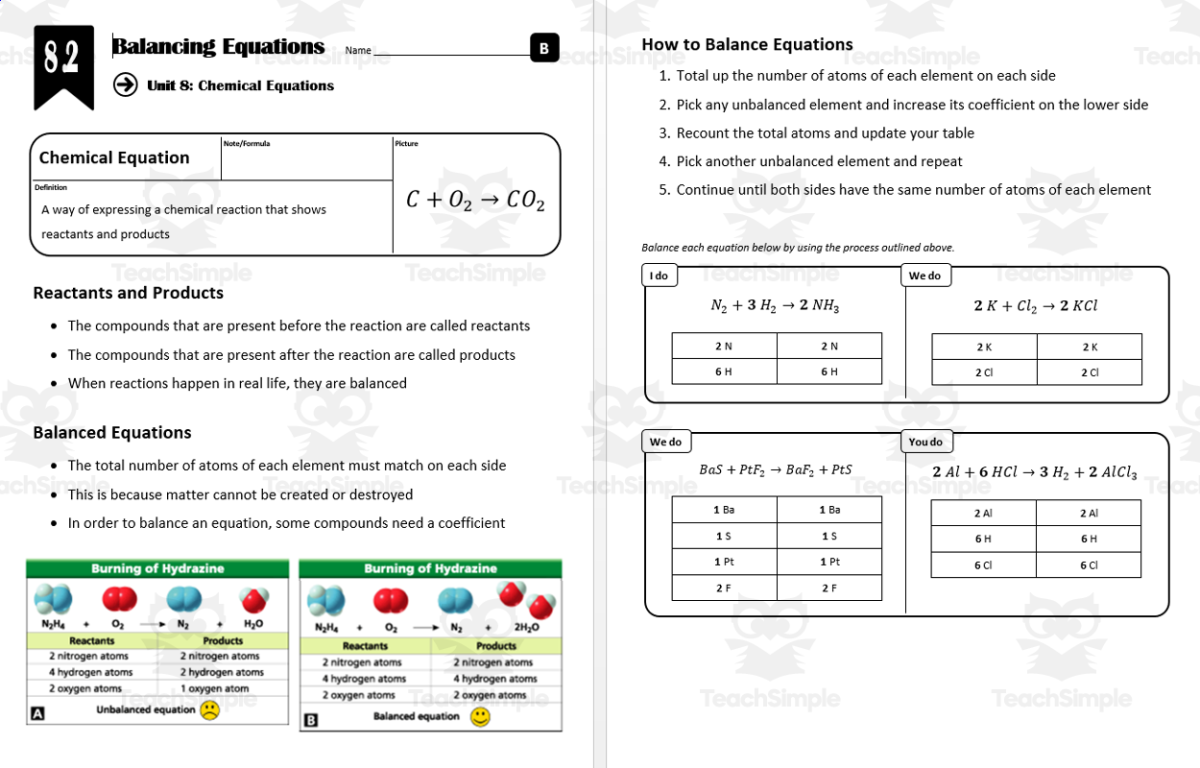 An educational teaching resource from Integrated Chemistry and Physics entitled Lesson 8.2 - Balancing Equations downloadable at Teach Simple.