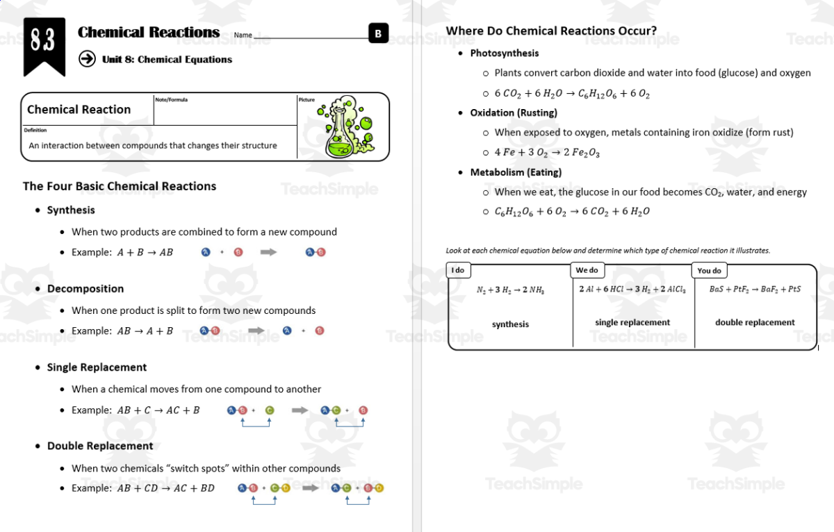 An educational teaching resource from Integrated Chemistry and Physics entitled Lesson 8.3 - Chemical Reactions downloadable at Teach Simple.