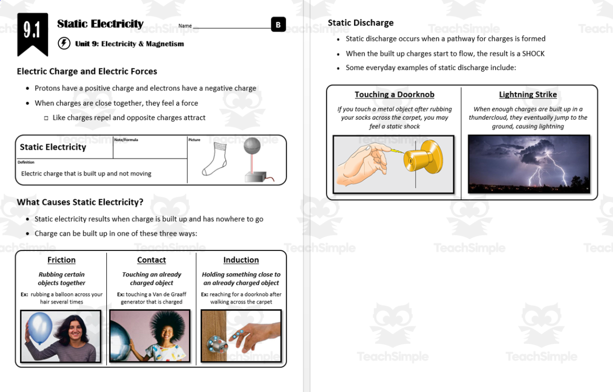 An educational teaching resource from Integrated Chemistry and Physics entitled Lesson 9.1 - Static Electricity downloadable at Teach Simple.