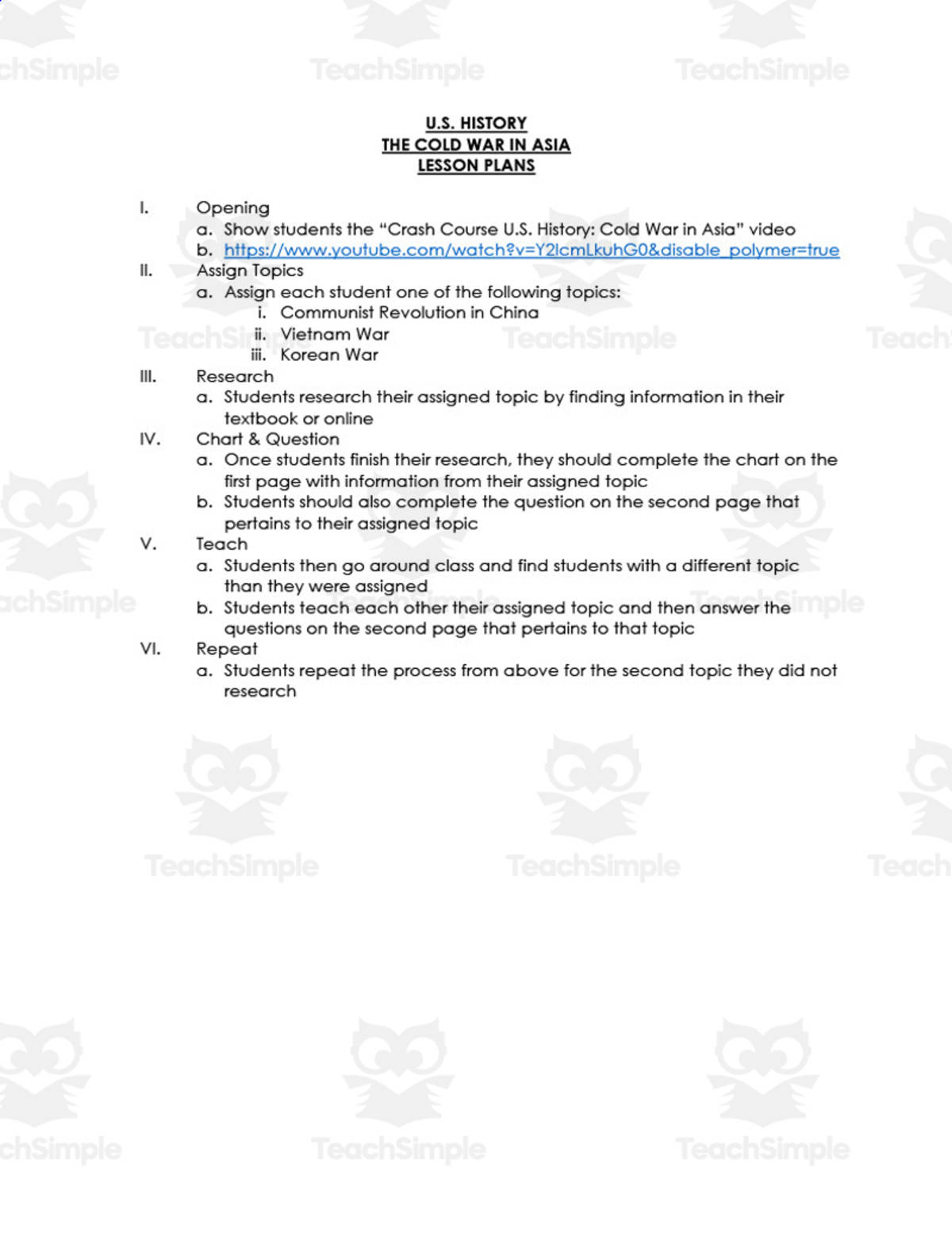 An educational teaching resource from Jason Stein entitled Lesson on Cold War in Asia downloadable at Teach Simple.