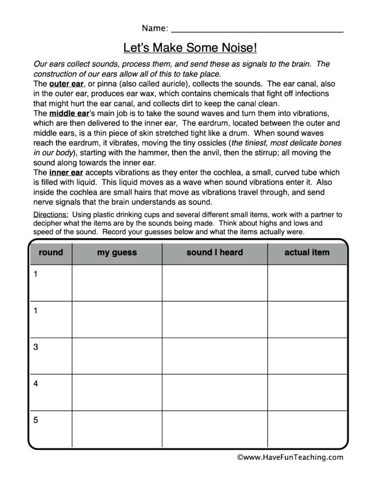 An educational teaching resource from Have Fun Teaching entitled Let's Make Some Noise Worksheet downloadable at Teach Simple.