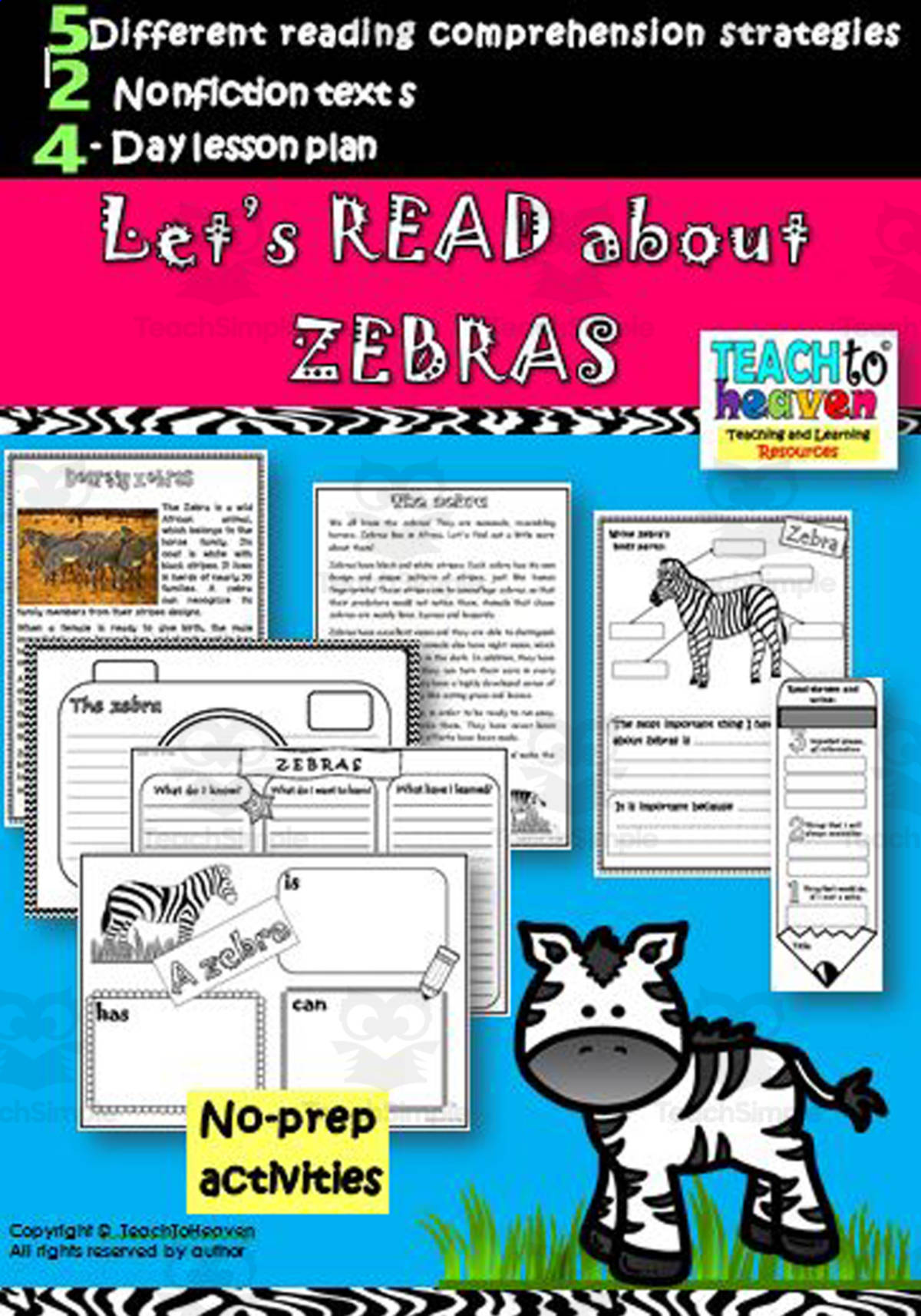 An educational teaching resource from Teach To Heaven,  Reoulita.com entitled Let’s READ about ZEBRAS downloadable at Teach Simple.