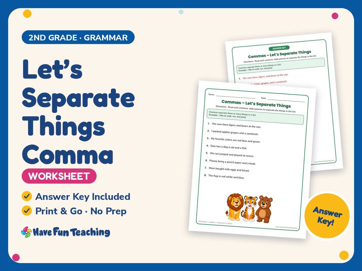 Let’s Separate Things Comma Worksheet – 2nd Grade Punctuation Practice preview