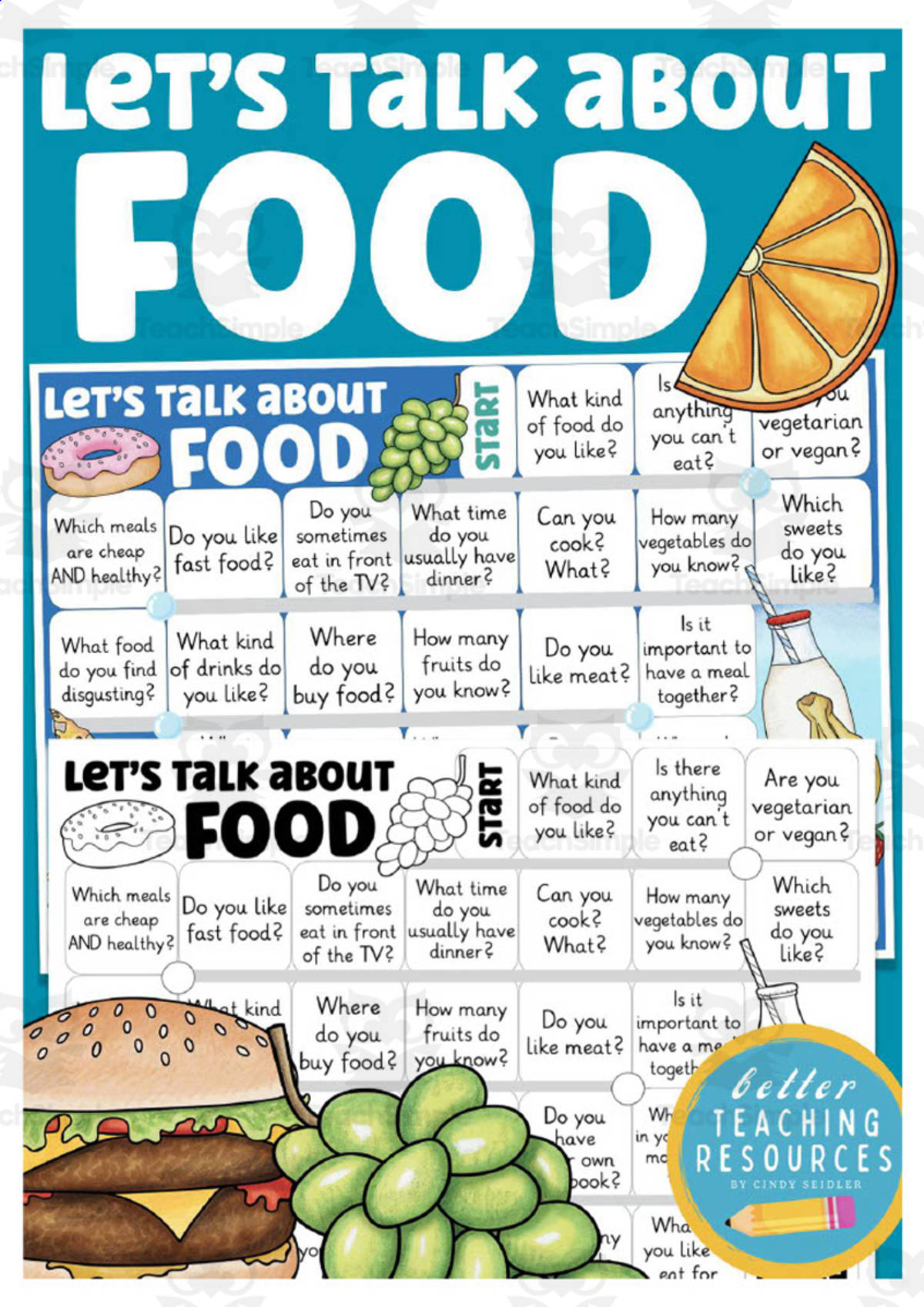 An educational teaching resource from Better Teaching Resources entitled Let's Talk About Food – ESL Vocabulary Board Game downloadable at Teach Simple.