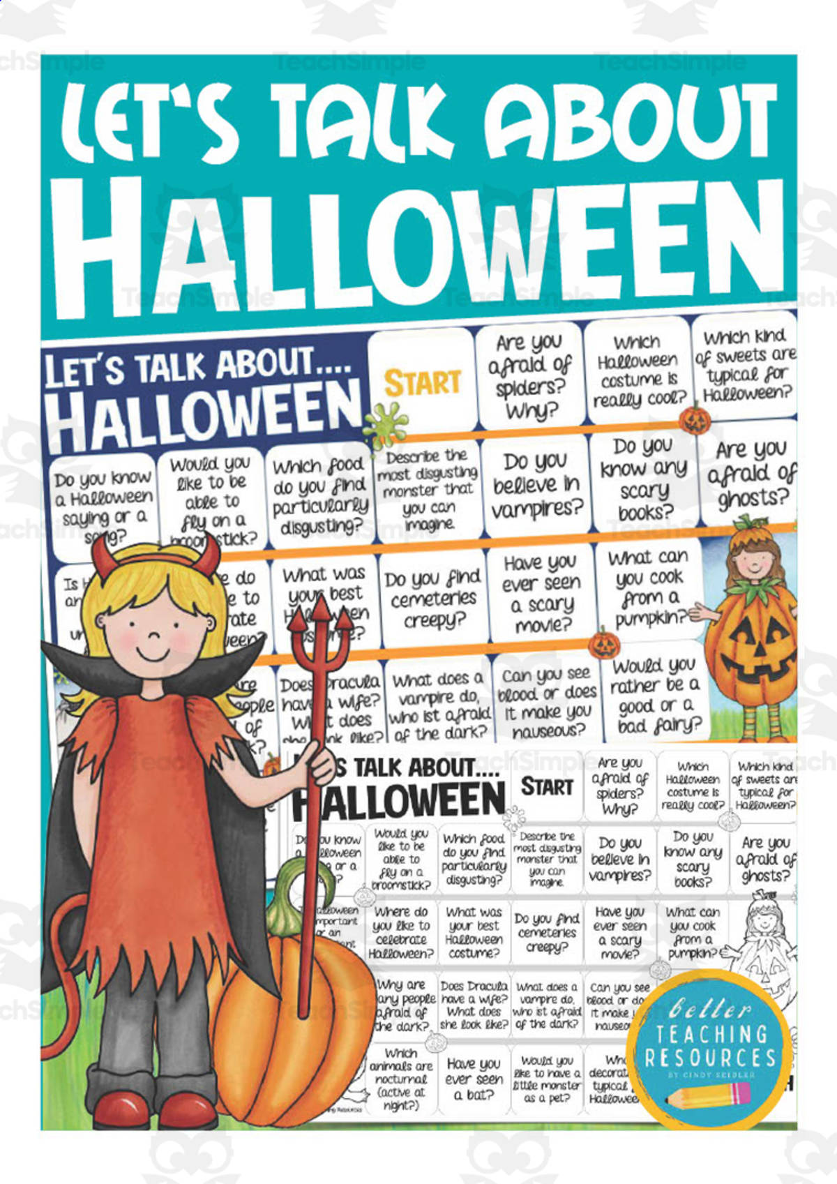 An educational teaching resource from Better Teaching Resources entitled Let's Talk About Halloween Board Game downloadable at Teach Simple.