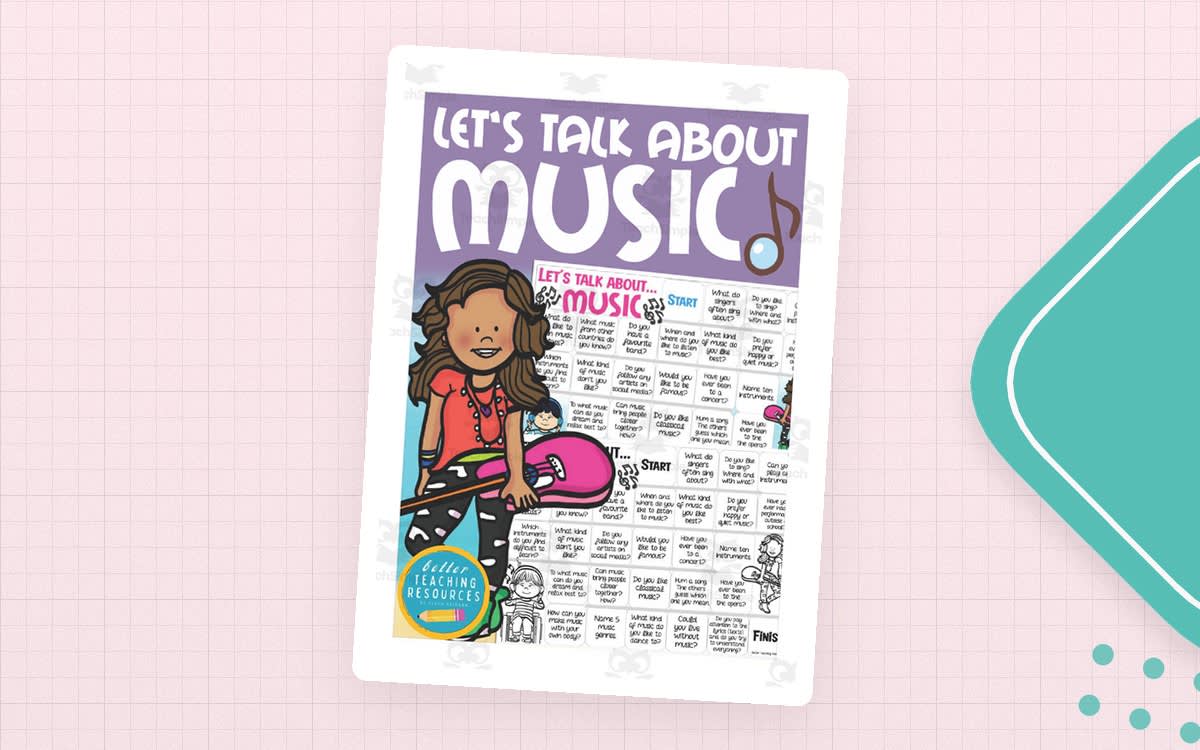 An educational teaching resource from Better Teaching Resources entitled Let's Talk About Music – ESL Board Game downloadable at Teach Simple.