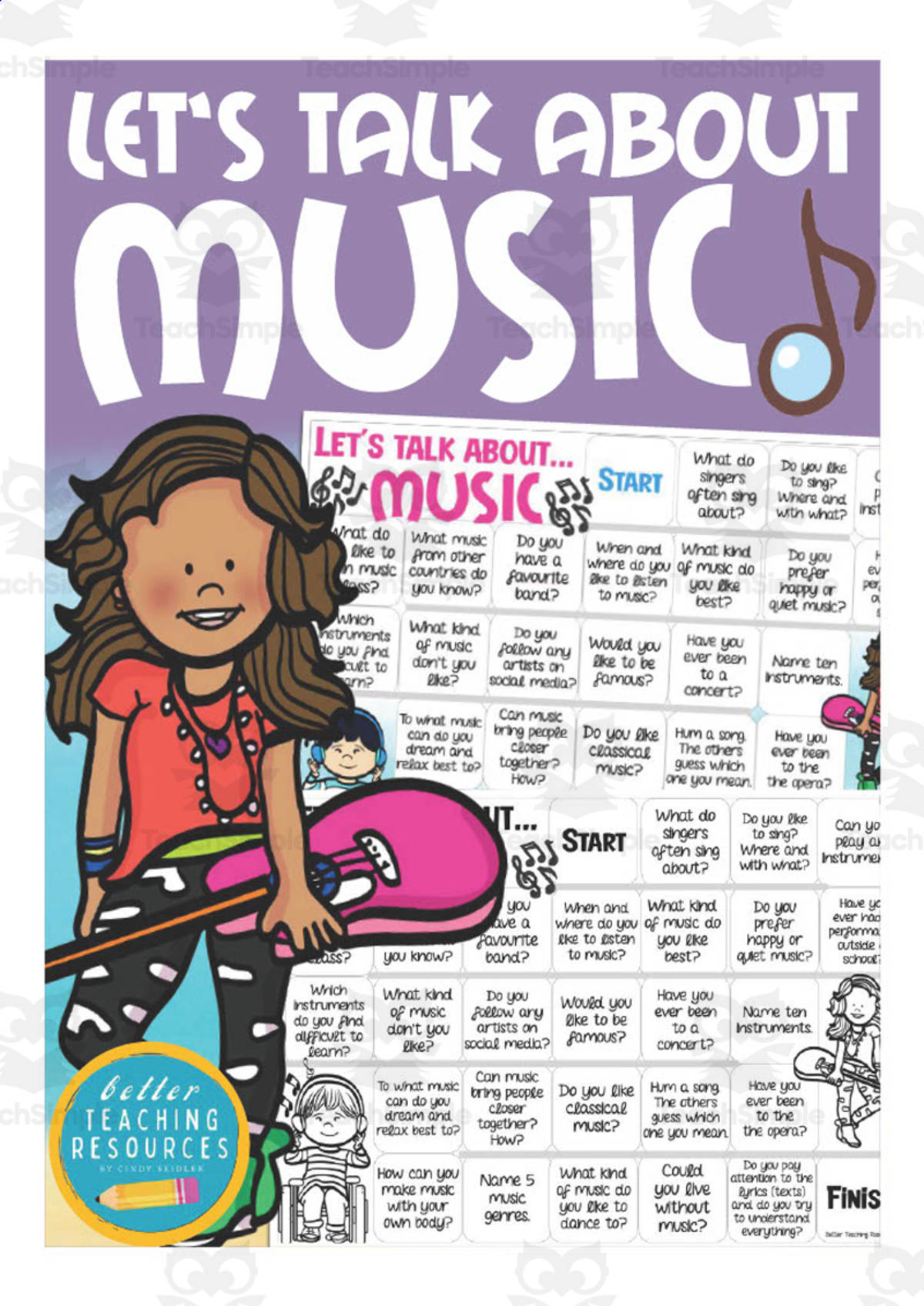 An educational teaching resource from Better Teaching Resources entitled Let's Talk About Music – ESL Board Game downloadable at Teach Simple.