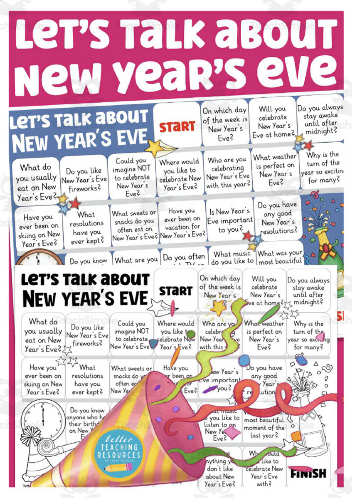 An educational teaching resource from Better Teaching Resources entitled Let's Talk About New Year's Eve Board Game downloadable at Teach Simple.