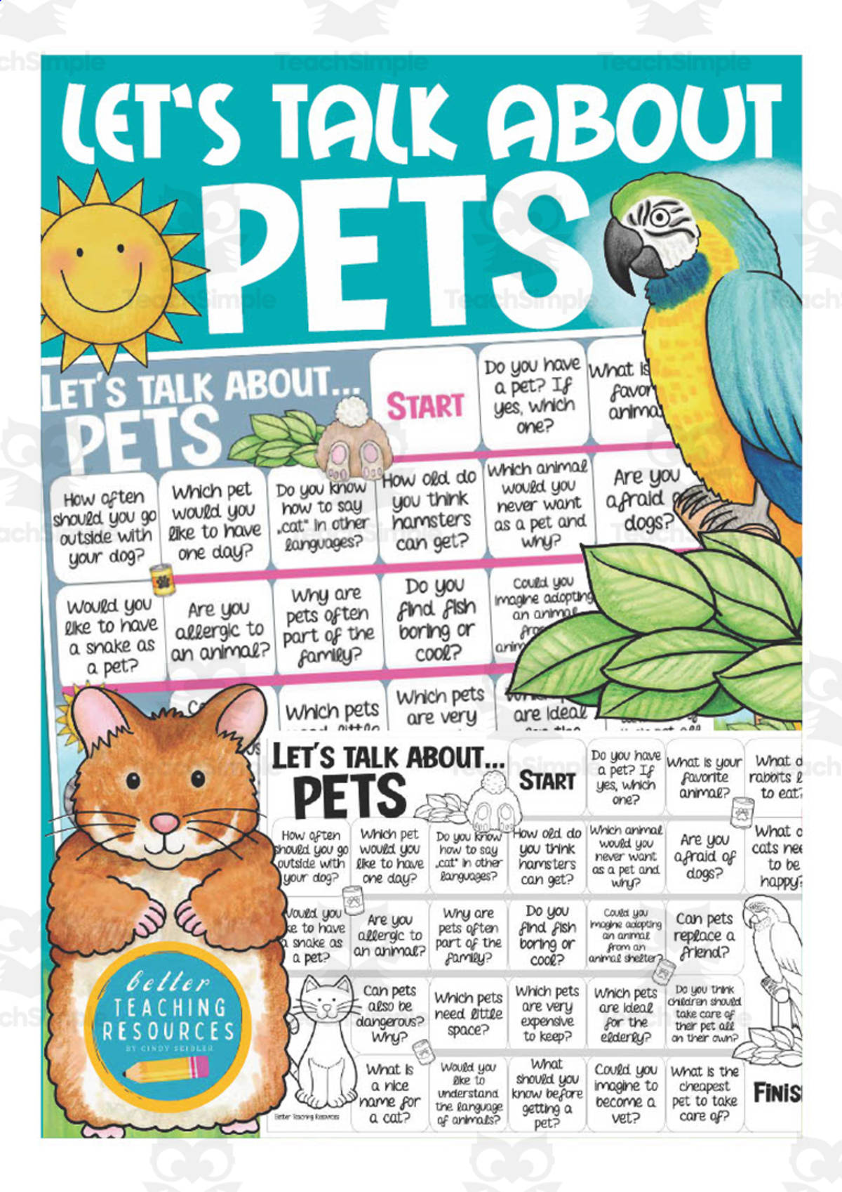 An educational teaching resource from Better Teaching Resources entitled Let's Talk About Pets Board Game downloadable at Teach Simple.