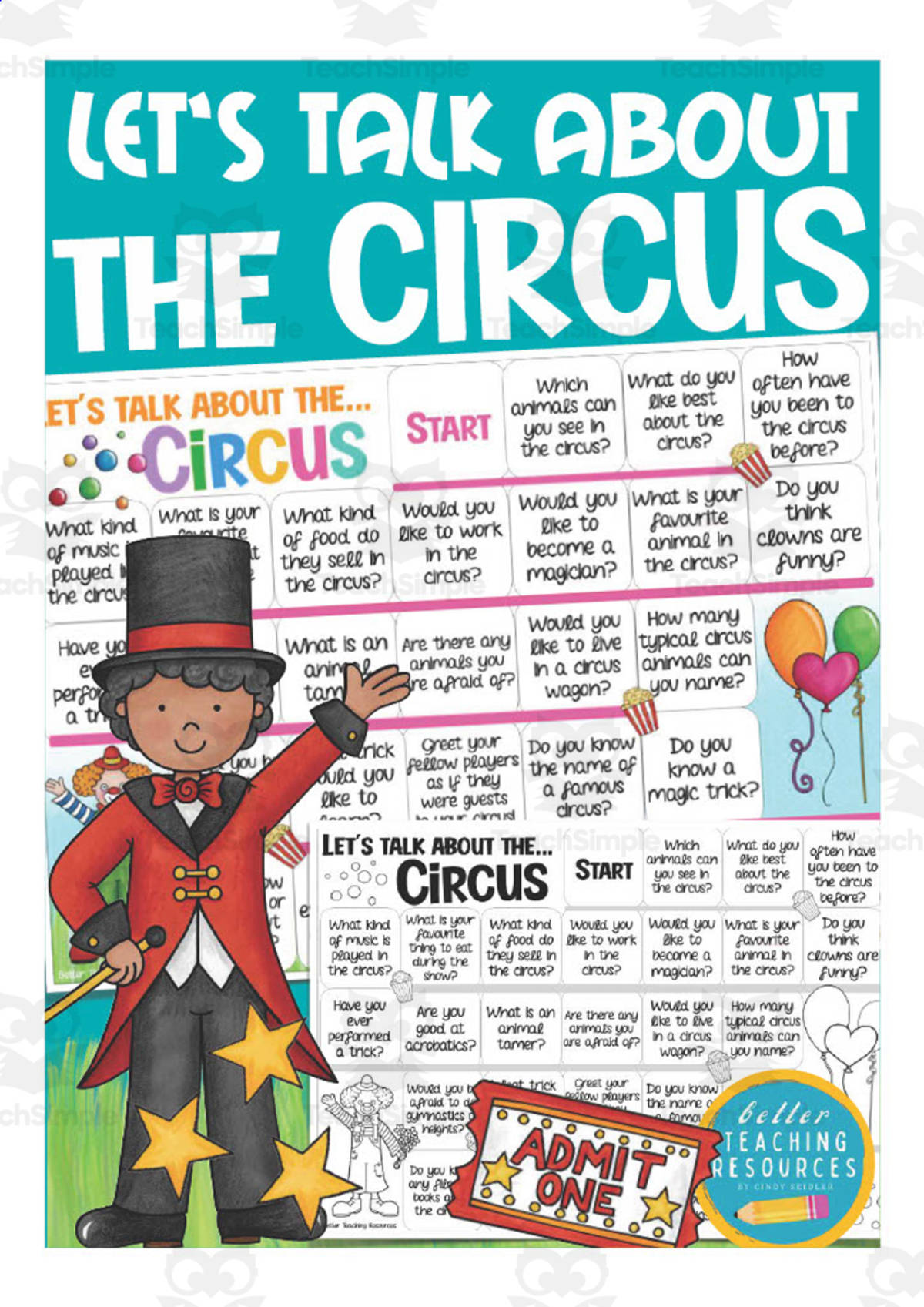 An educational teaching resource from Better Teaching Resources entitled Let's Talk About the Circus Board Game downloadable at Teach Simple.