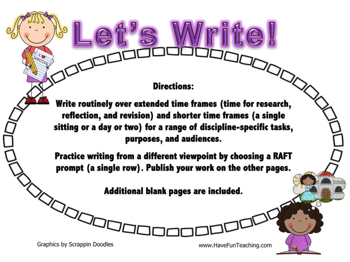 An educational teaching resource from Have Fun Teaching entitled Let's Write RAFT Writing Activity downloadable at Teach Simple.