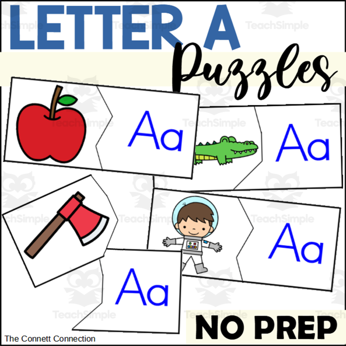 An educational teaching resource from The Connett Connection entitled Letter A Beginning Sound Puzzles downloadable at Teach Simple.