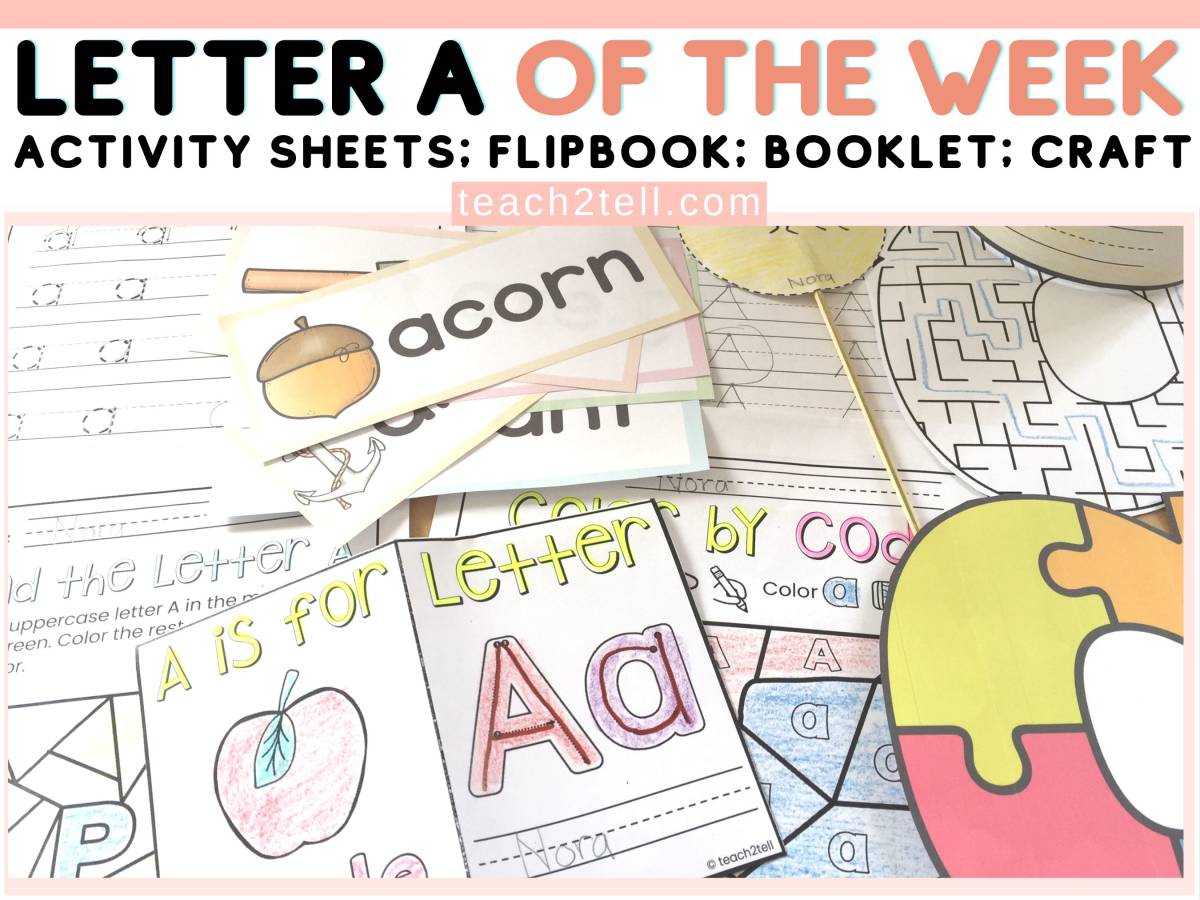An educational teaching resource from Teach2Tell entitled Letter A of the Week Alphabet Activities Hands-on Phonics Worksheets downloadable at Teach Simple.