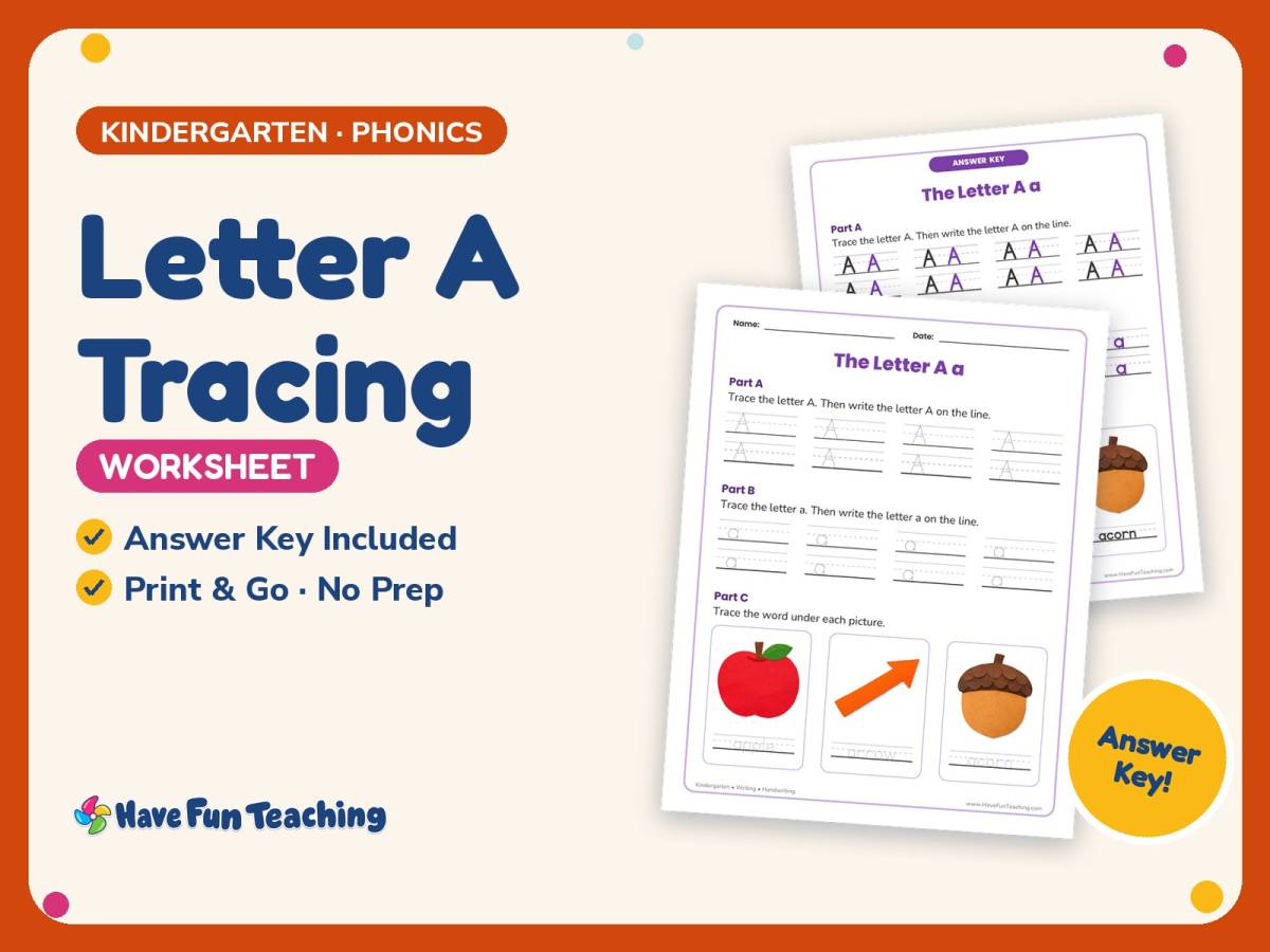 Letter A Tracing Worksheet – Kindergarten Alphabet & Beginning Sounds preview