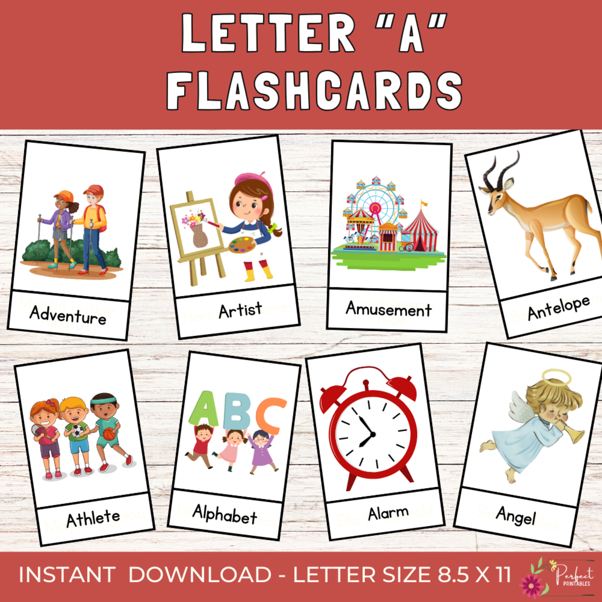 An educational teaching resource from Perfect_Printables entitled Letter "A" Vocabulary Flashcards | Interactive Alphabet Cards downloadable at Teach Simple.