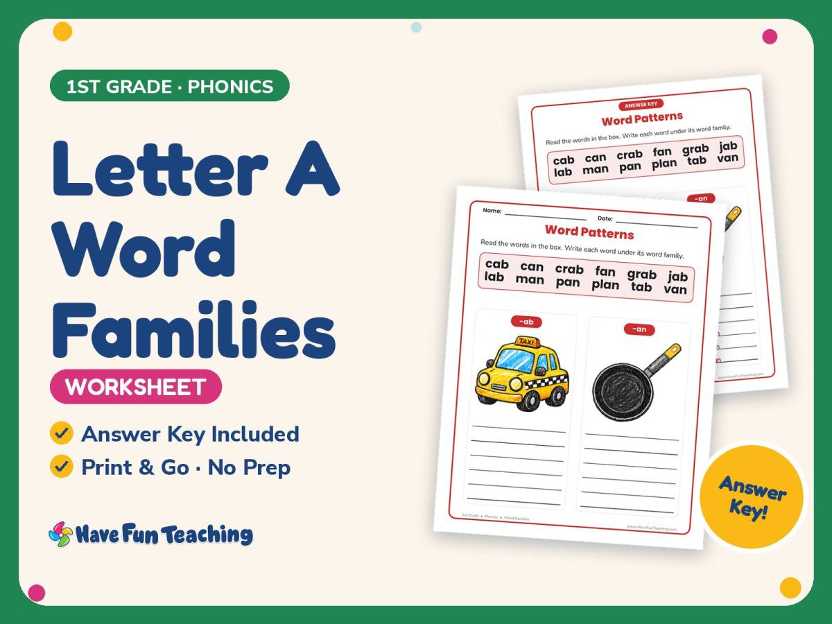 Letter A Word Families Worksheet – 1st Grade Phonics Practice preview