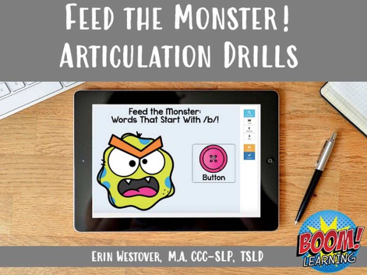 An educational teaching resource from The Tattooed Speechie entitled Letter B Articulation Drills: Feed the Monster! - BOOM Cards downloadable at Teach Simple.