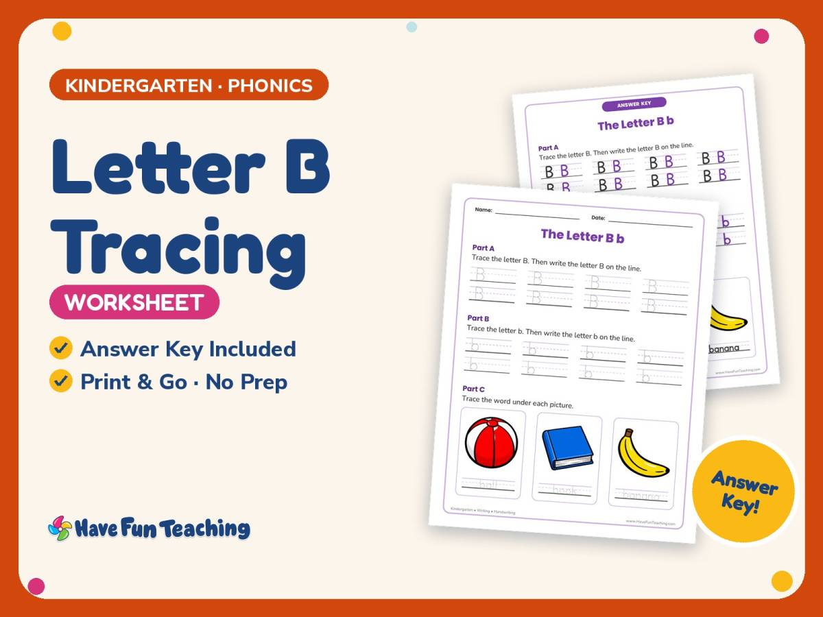 Letter B Tracing Worksheet – Kindergarten Alphabet & Beginning Sounds preview