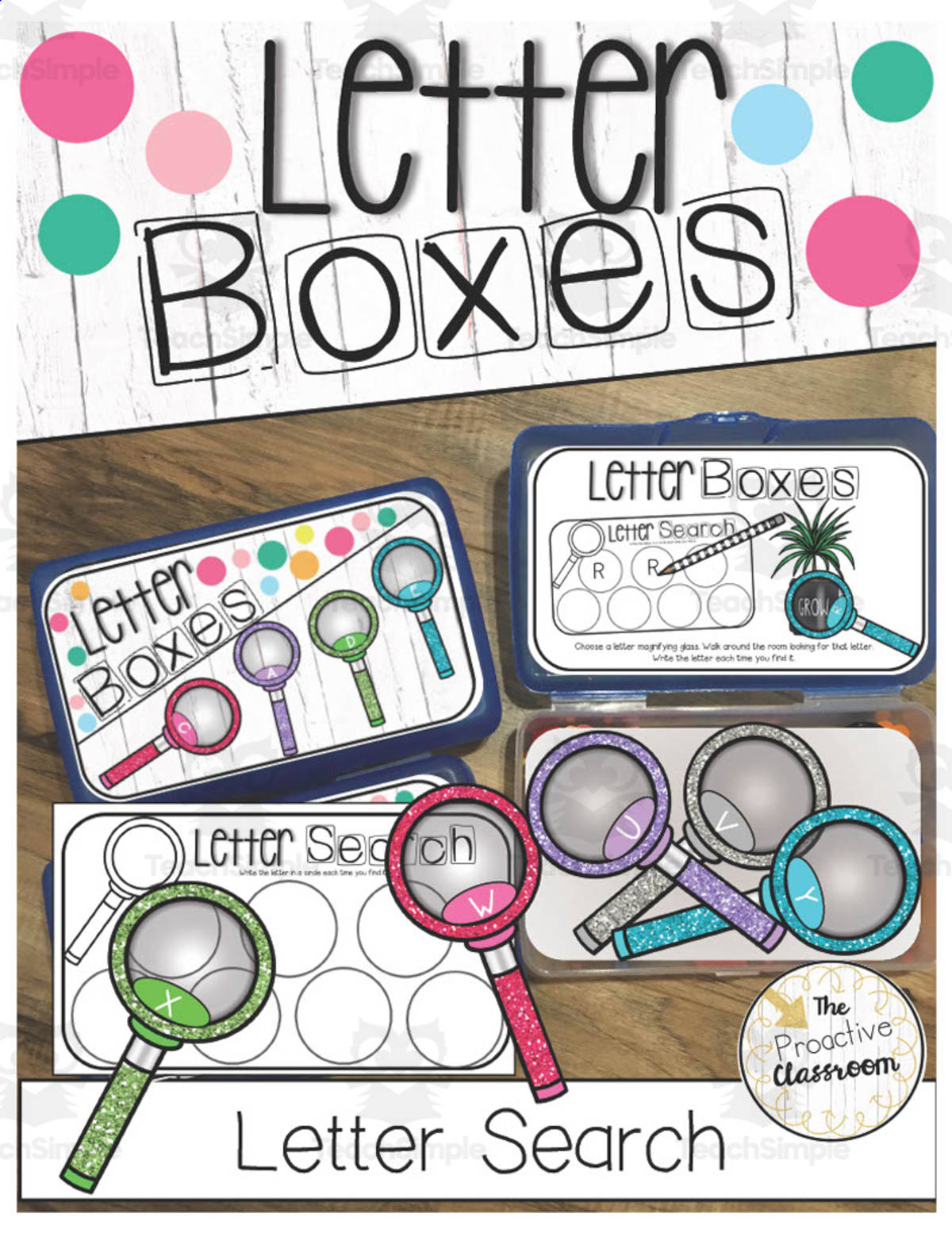 An educational teaching resource from The Proactive Classroom entitled Letter Boxes: Letter Search Center downloadable at Teach Simple.