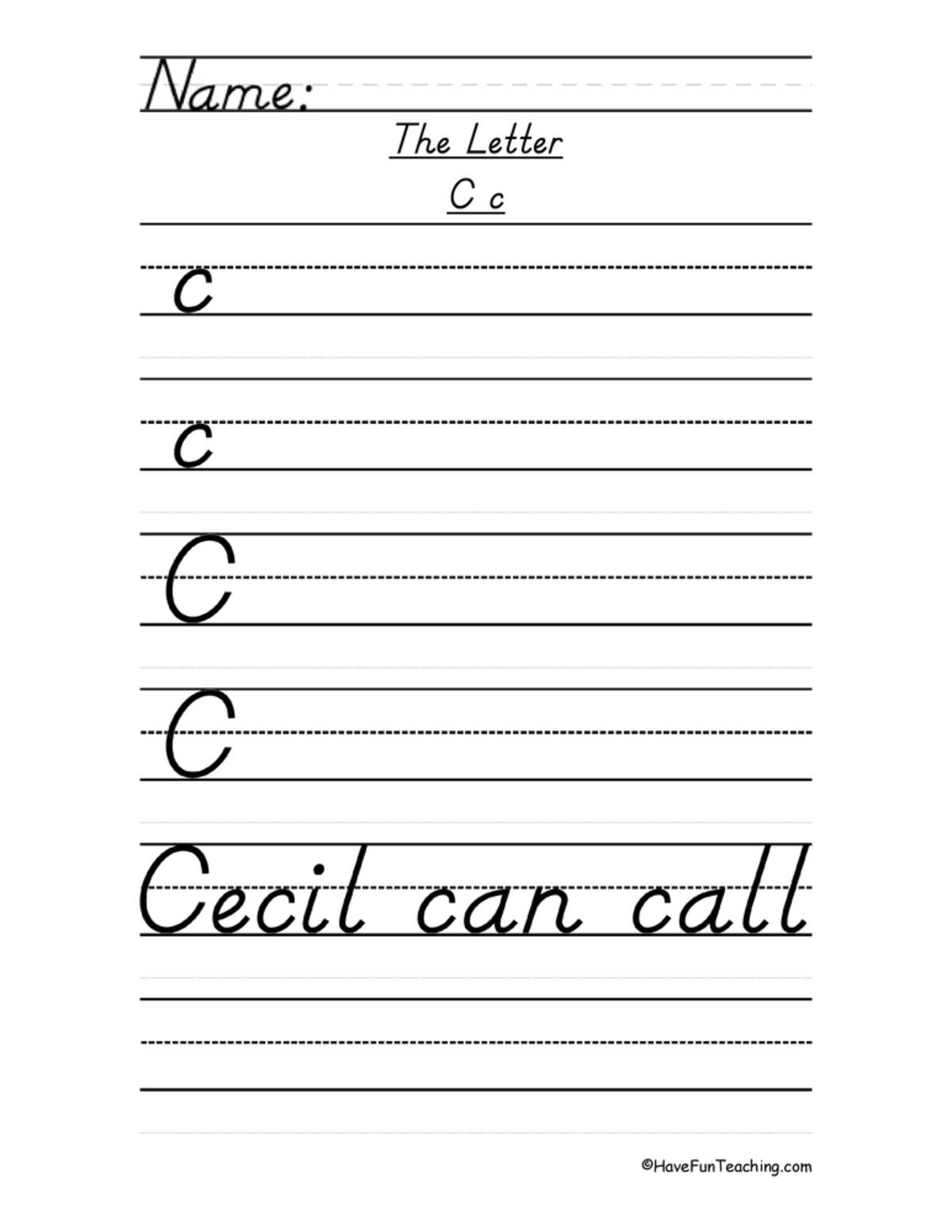 An educational teaching resource from Have Fun Teaching entitled Letter C D'Nealian Script Handwriting Practice Worksheet downloadable at Teach Simple.