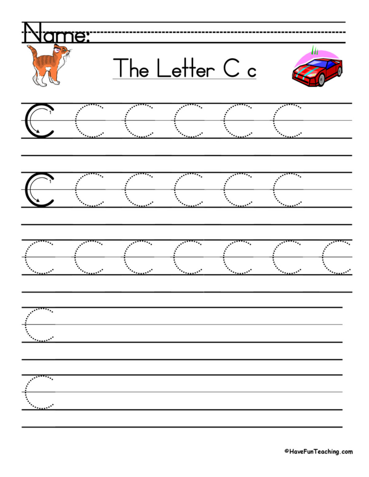 An educational teaching resource from Have Fun Teaching entitled Letter C Handwriting Practice Worksheet downloadable at Teach Simple.