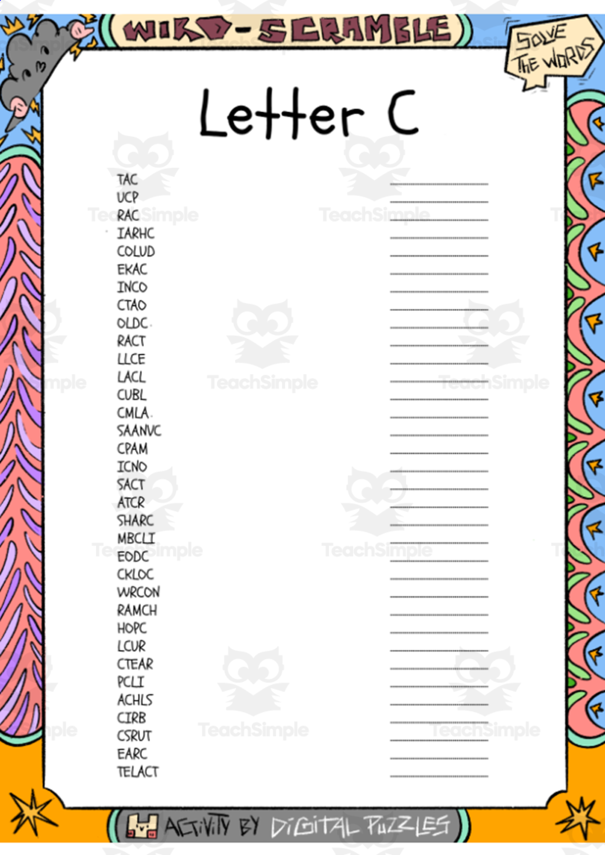 An educational teaching resource from Lapiiin Art Activities entitled Letter C word Scramble puzzle worksheet downloadable at Teach Simple.