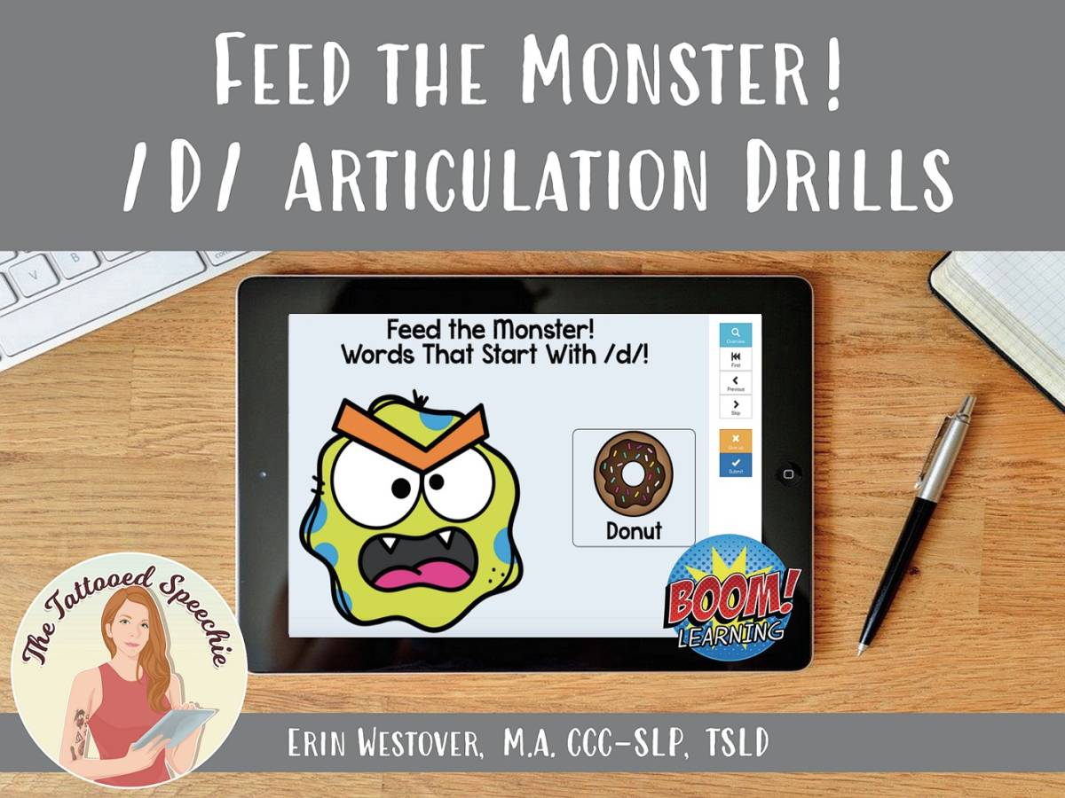 An educational teaching resource from The Tattooed Speechie entitled Letter D Articulation Drills: Feed the Monster! - BOOM Cards downloadable at Teach Simple.