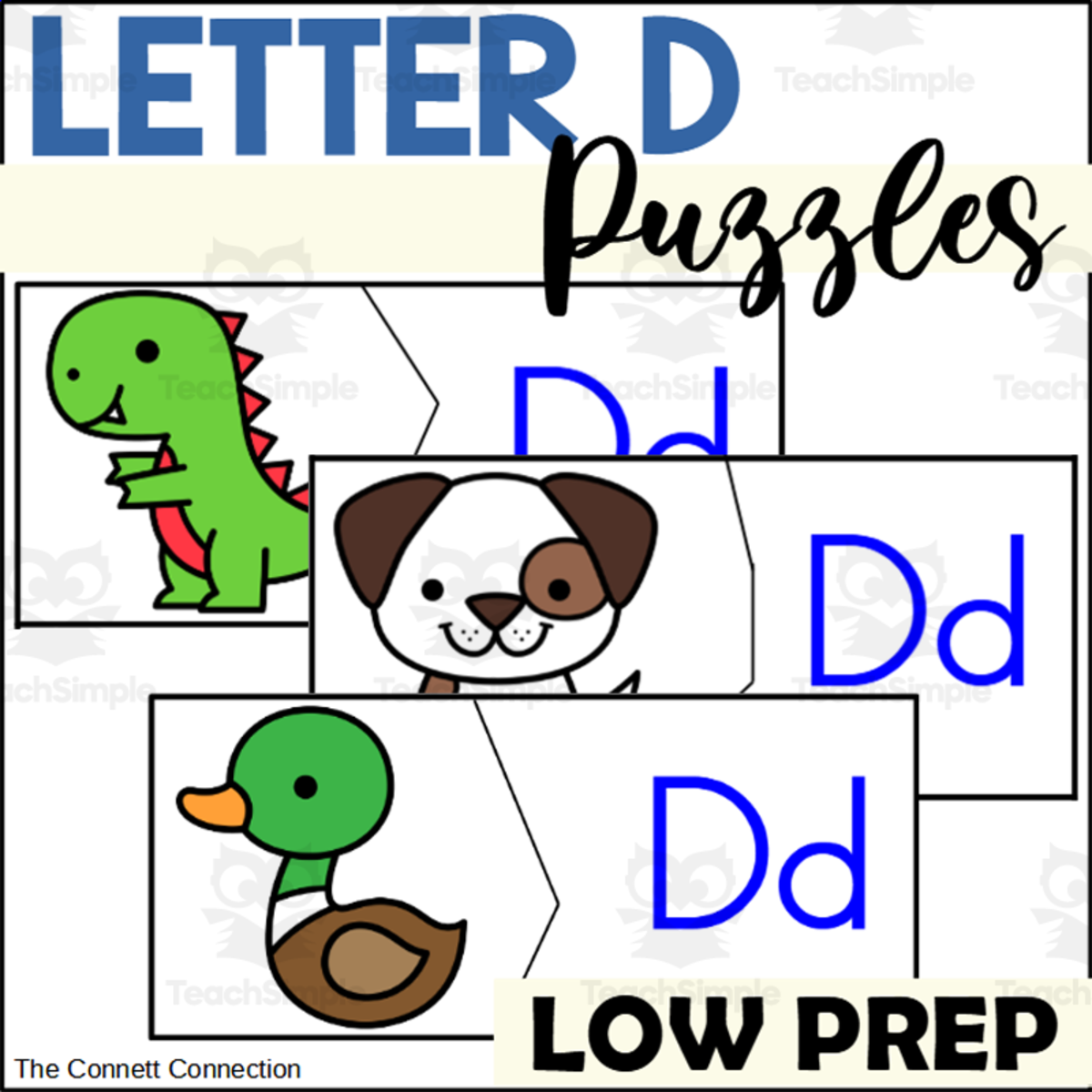 An educational teaching resource from The Connett Connection entitled Letter D Beginning Sound Puzzles downloadable at Teach Simple.