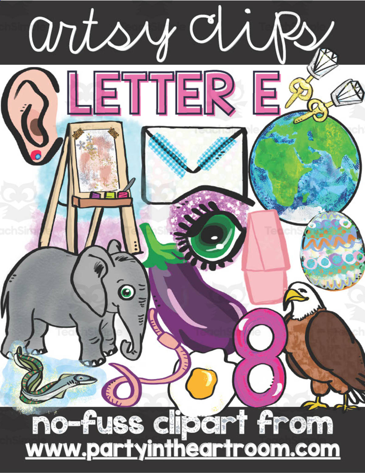 An educational teaching resource from Party in the Art Room - Arts & Crafts for Kids | Arts Integration entitled Letter E Clipart downloadable at Teach Simple.
