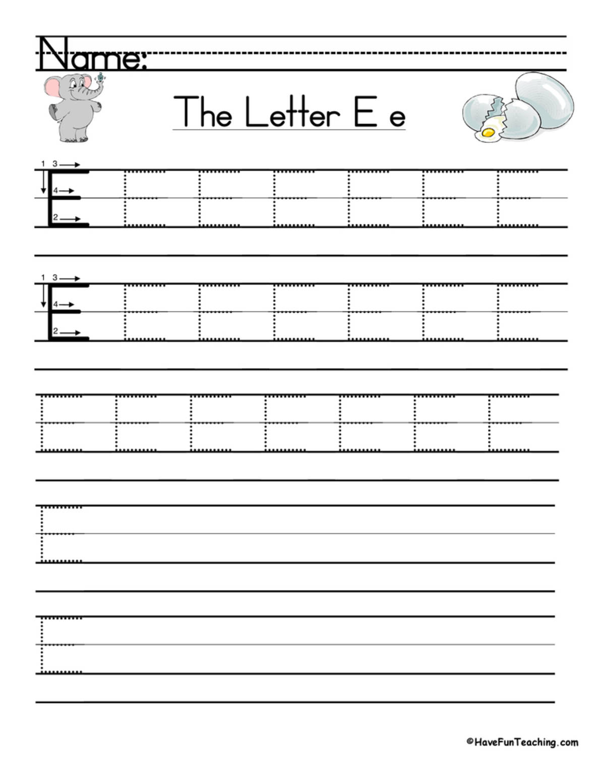 An educational teaching resource from Have Fun Teaching entitled Letter E Handwriting Practice Worksheet downloadable at Teach Simple.