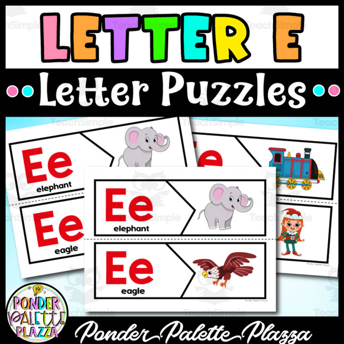 An educational teaching resource from Ponder Palette Plazza entitled Letter E Puzzles - Letter E Beginning Sound downloadable at Teach Simple.