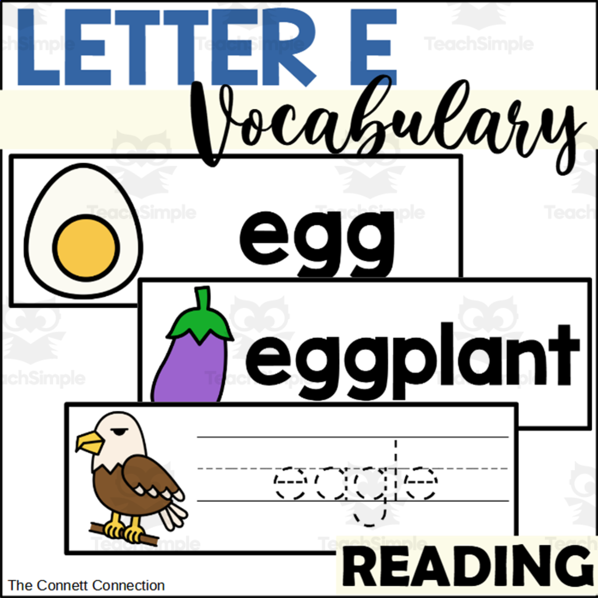 An educational teaching resource from The Connett Connection entitled Letter E Vocabulary and Tracing Cards downloadable at Teach Simple.