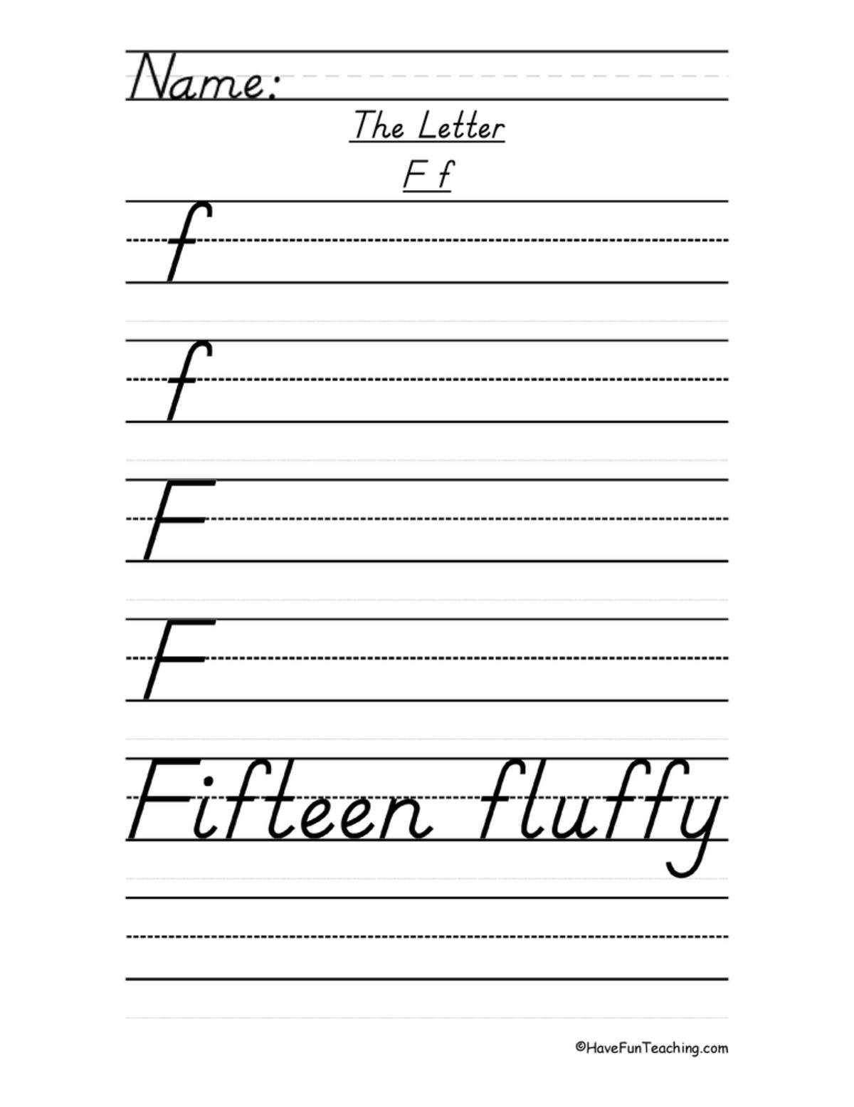 An educational teaching resource from Have Fun Teaching entitled Letter F D'Nealian Script Handwriting Practice Worksheet downloadable at Teach Simple.