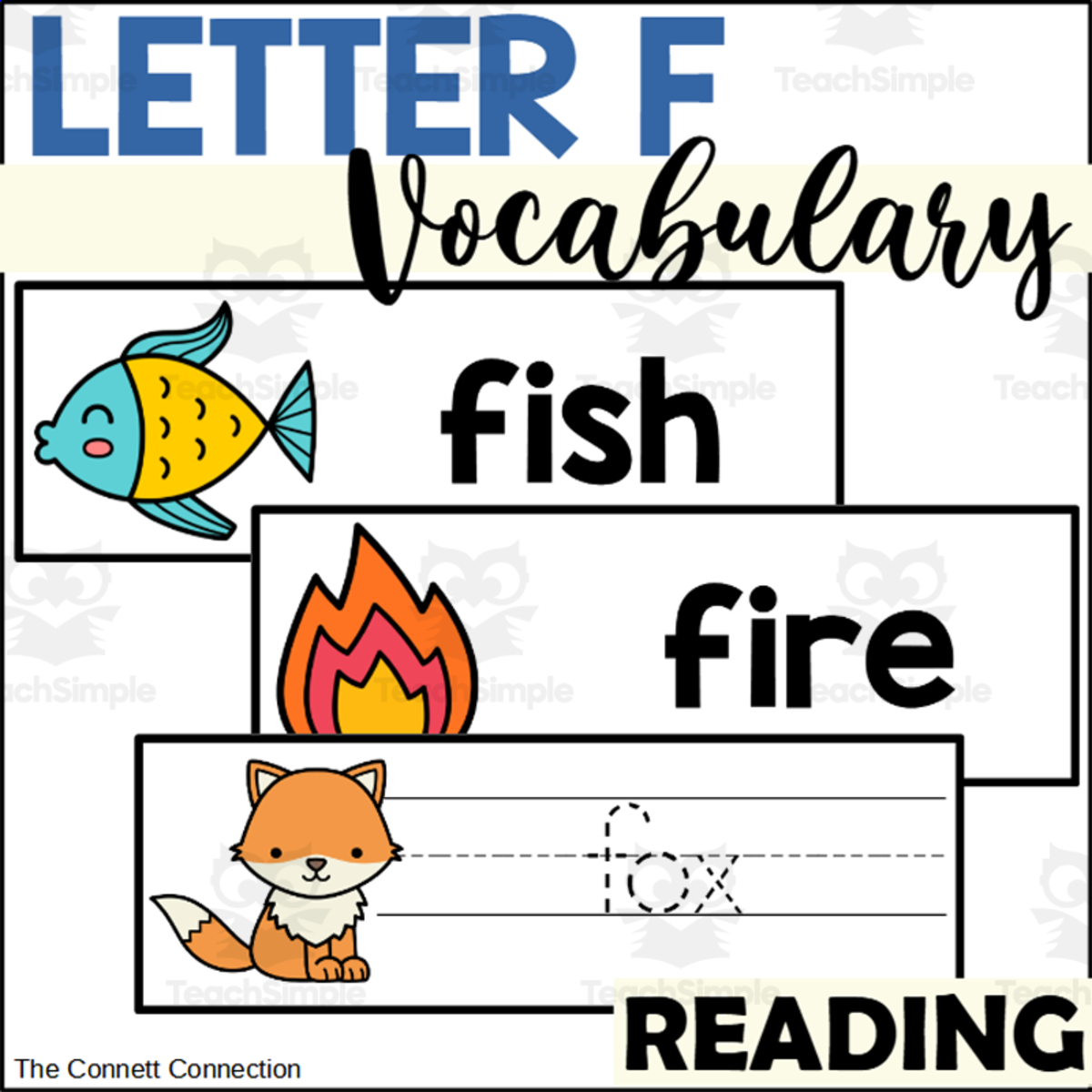 An educational teaching resource from The Connett Connection entitled Letter F Vocabulary and Tracing Cards downloadable at Teach Simple.