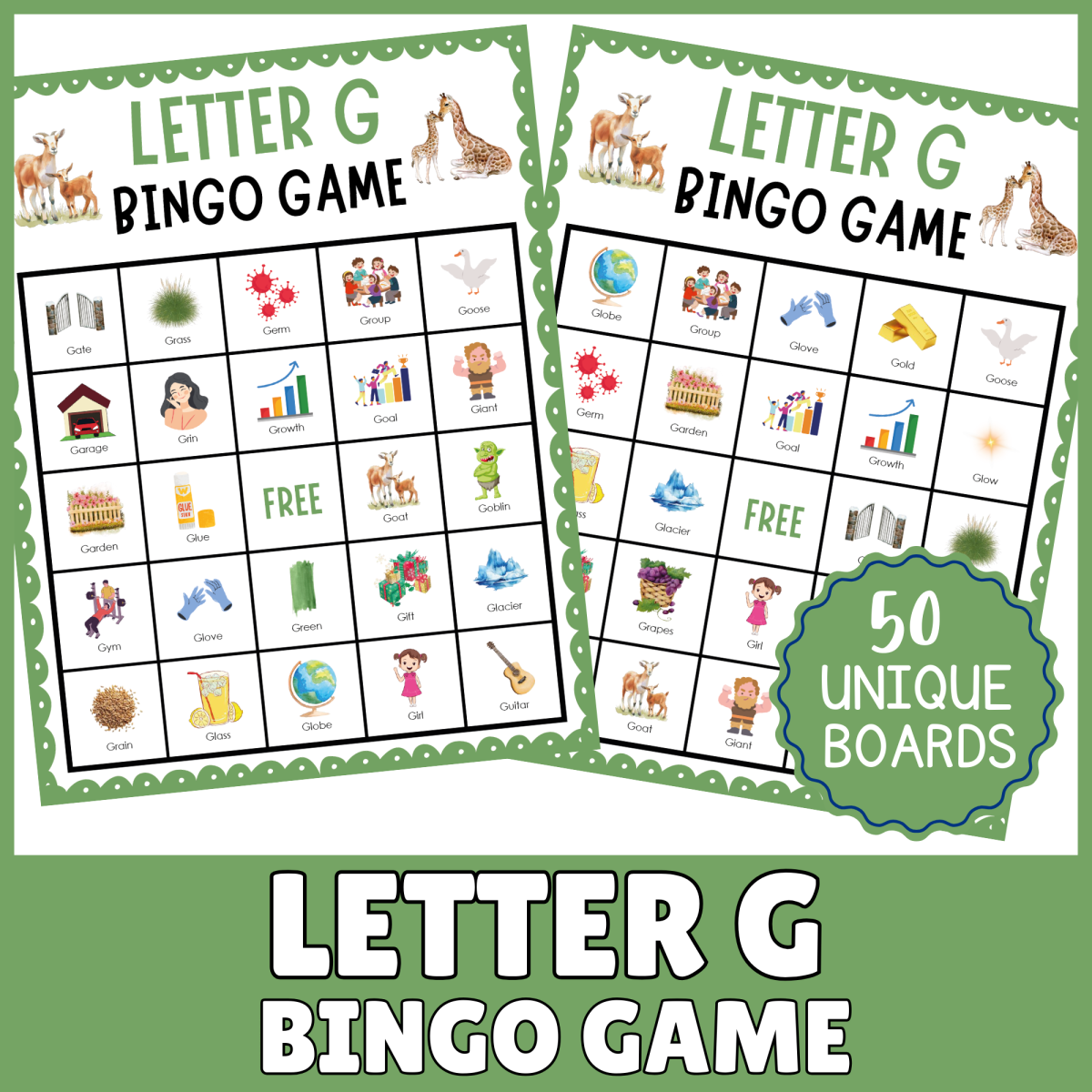 An educational teaching resource from Perfect_Printables entitled Letter G Bingo Game: Alphabet Recognition Sound Phonics Activities downloadable at Teach Simple.